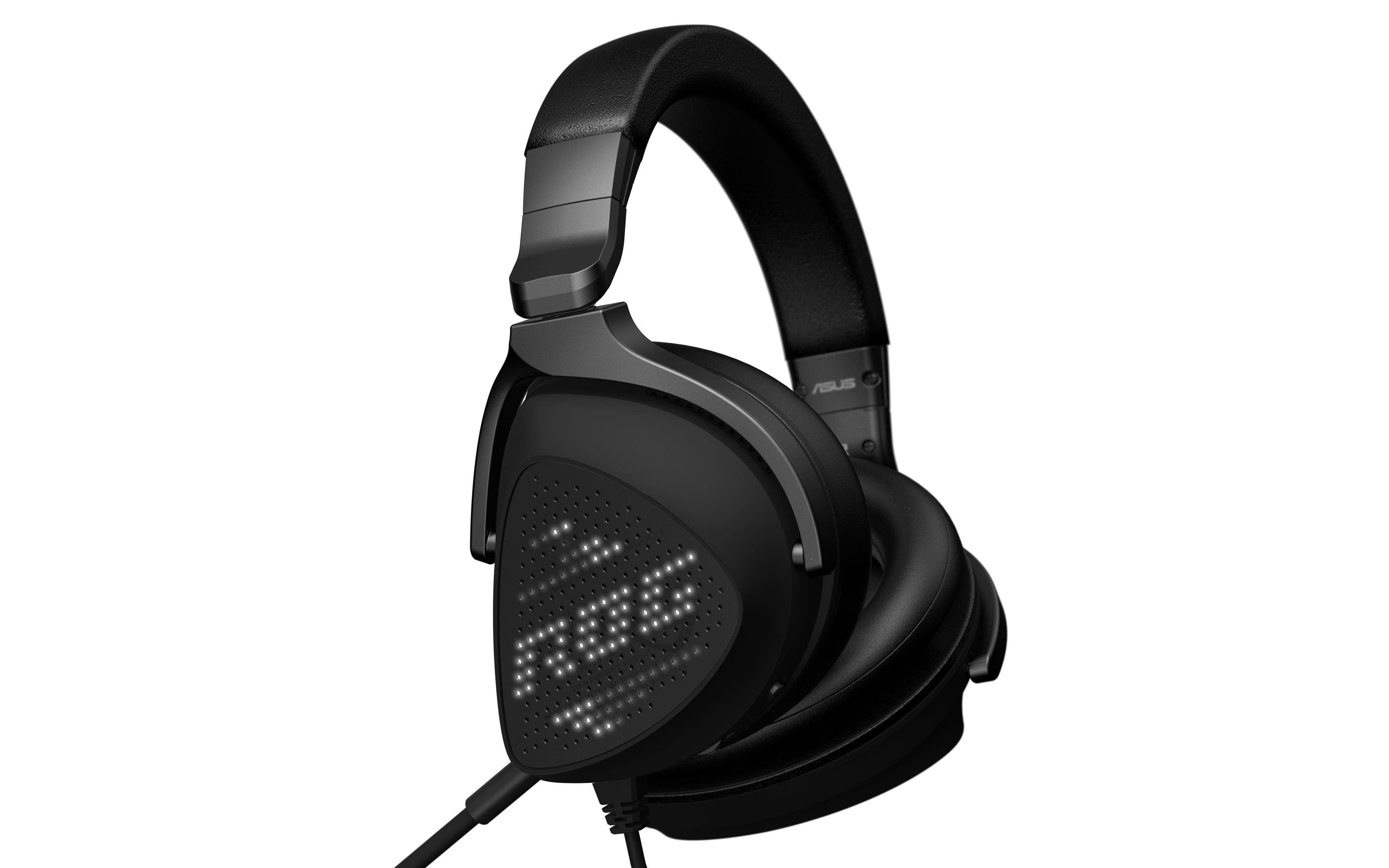 Cuffie da gioco ASUS nere con testo bianco illuminato sui padiglioni, su sfondo bianco.