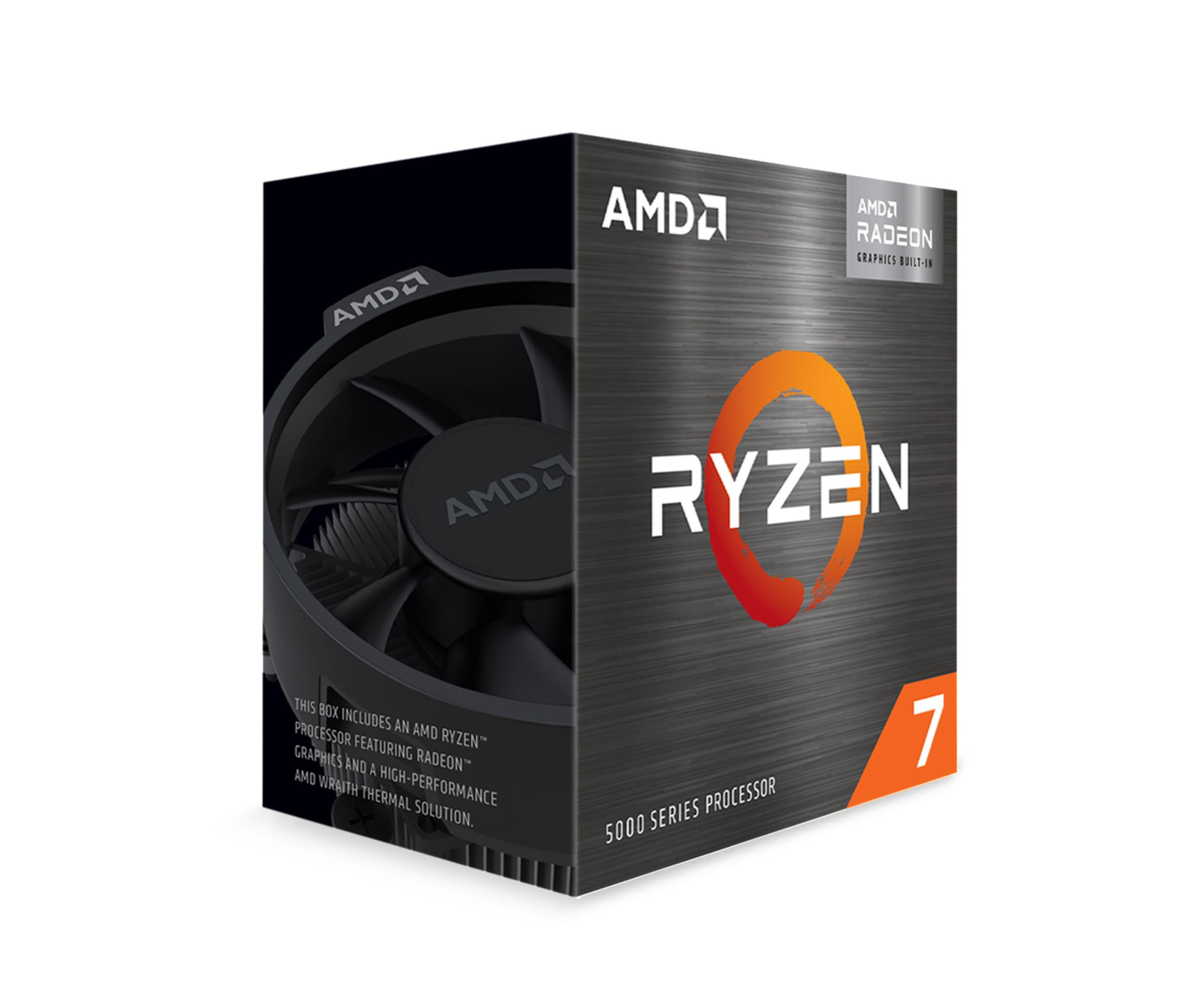 Pudełko procesora AMD Ryzen 7. Pudełko jest ciemne z logo Ryzen i marką AMD.