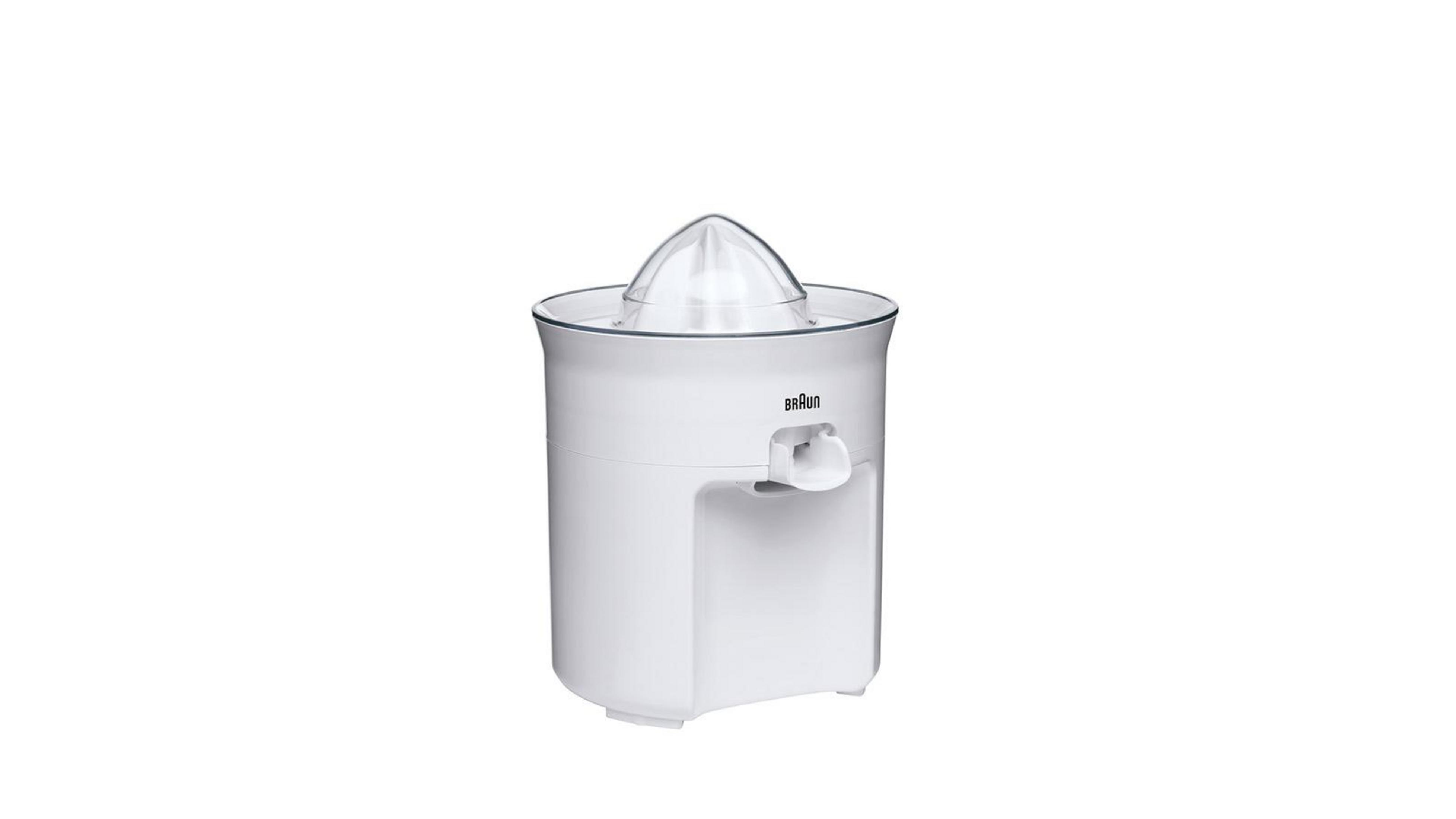 Spremiagrumi bianco con coperchio in plastica trasparente. Sfondo bianco.