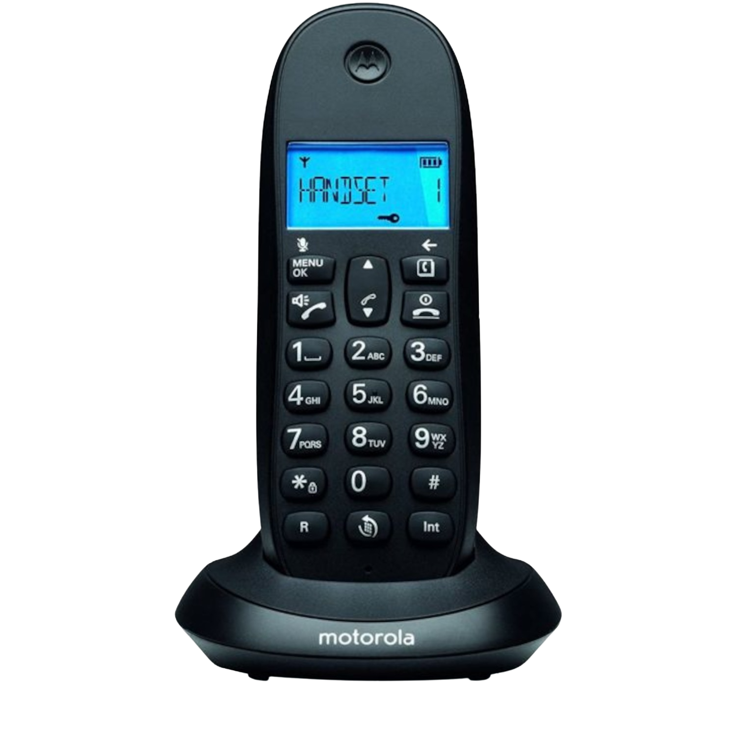 Teléfono inalámbrico Motorola negro con una pantalla que muestra 'HANDSET 1'. Está en su base.