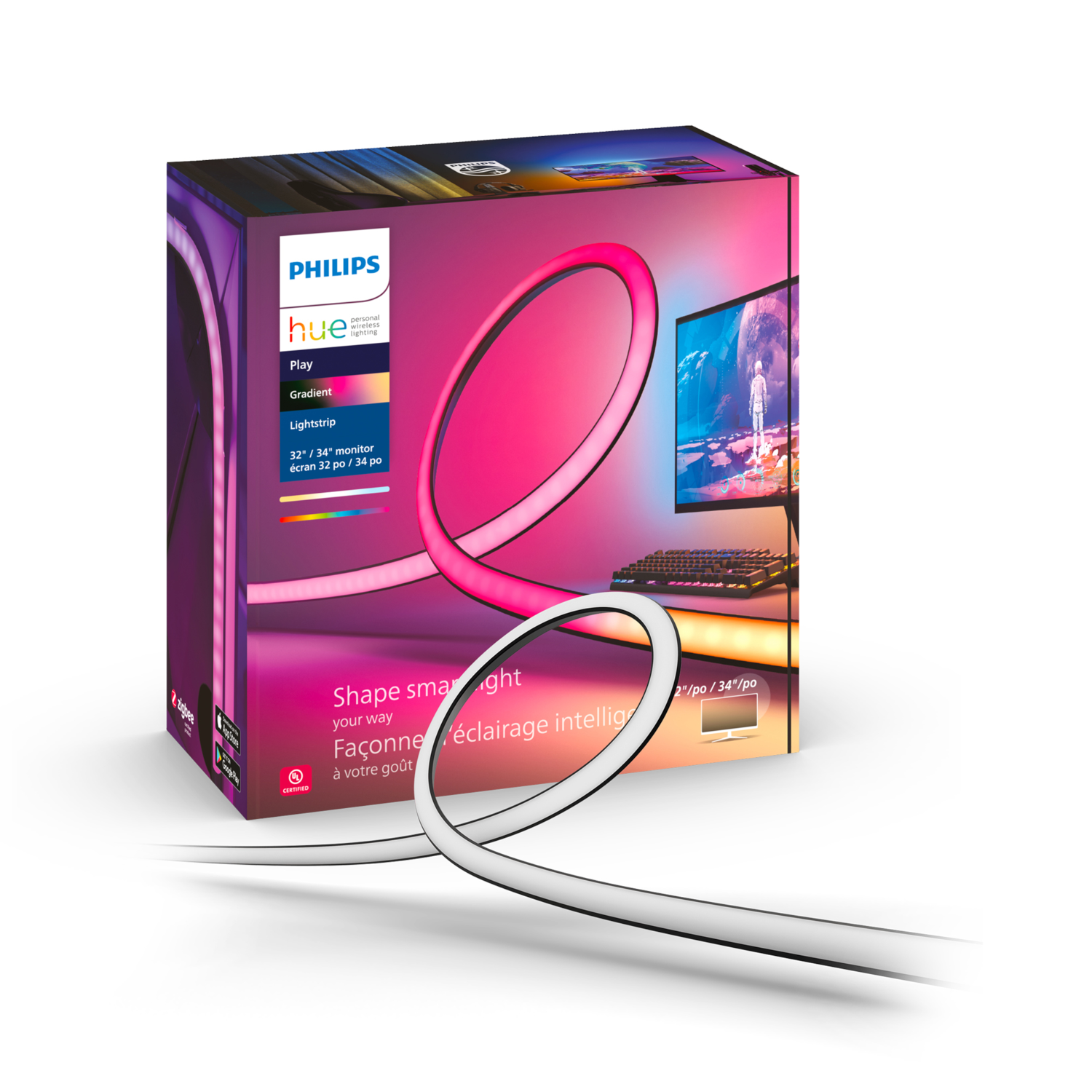 Boîte de bande lumineuse Philips Hue avec bandes lumineuses roses et blanches, image du produit.