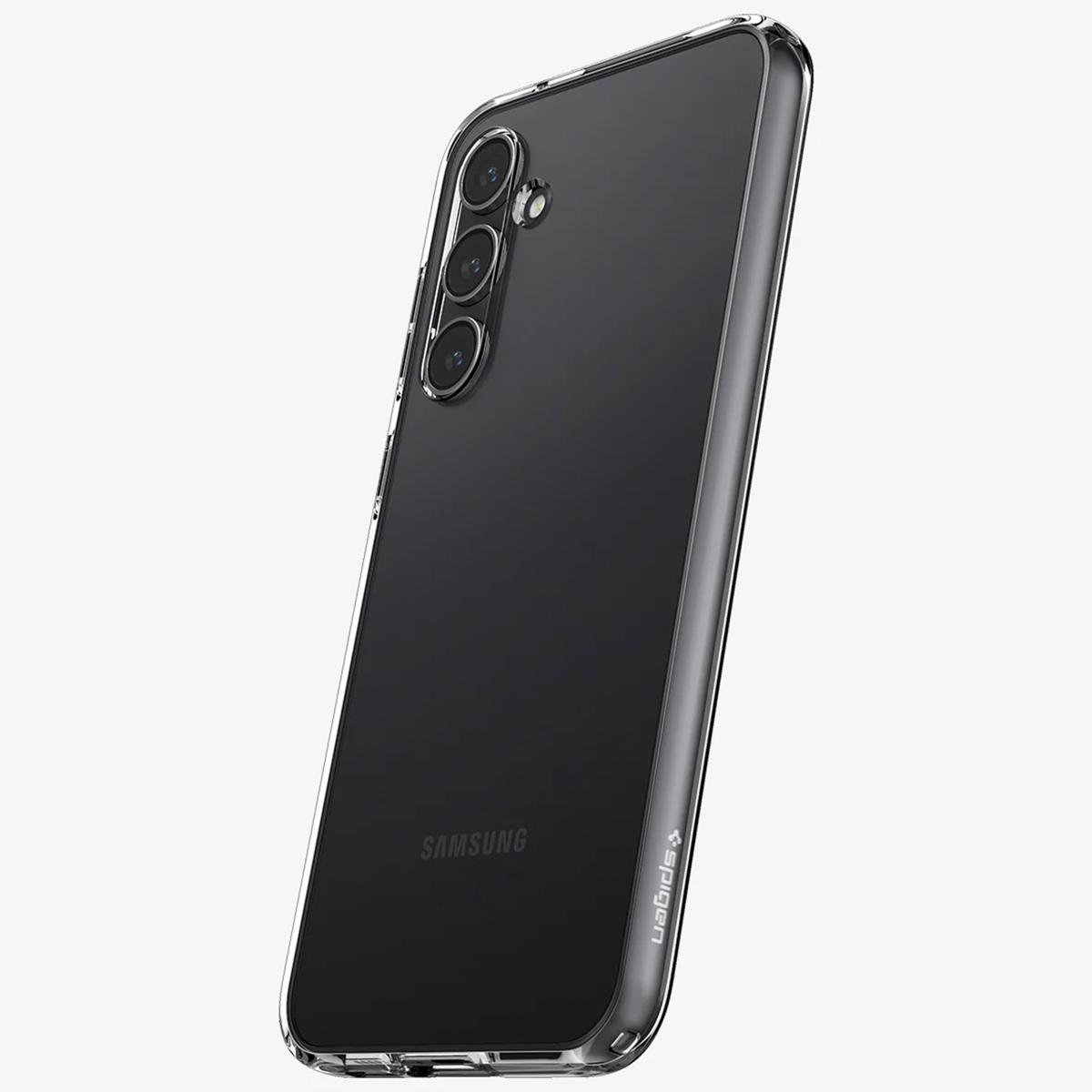 Ein schwarzes Samsung-Handy in einer transparenten Hülle. Die Rückseite zeigt die Kamera.