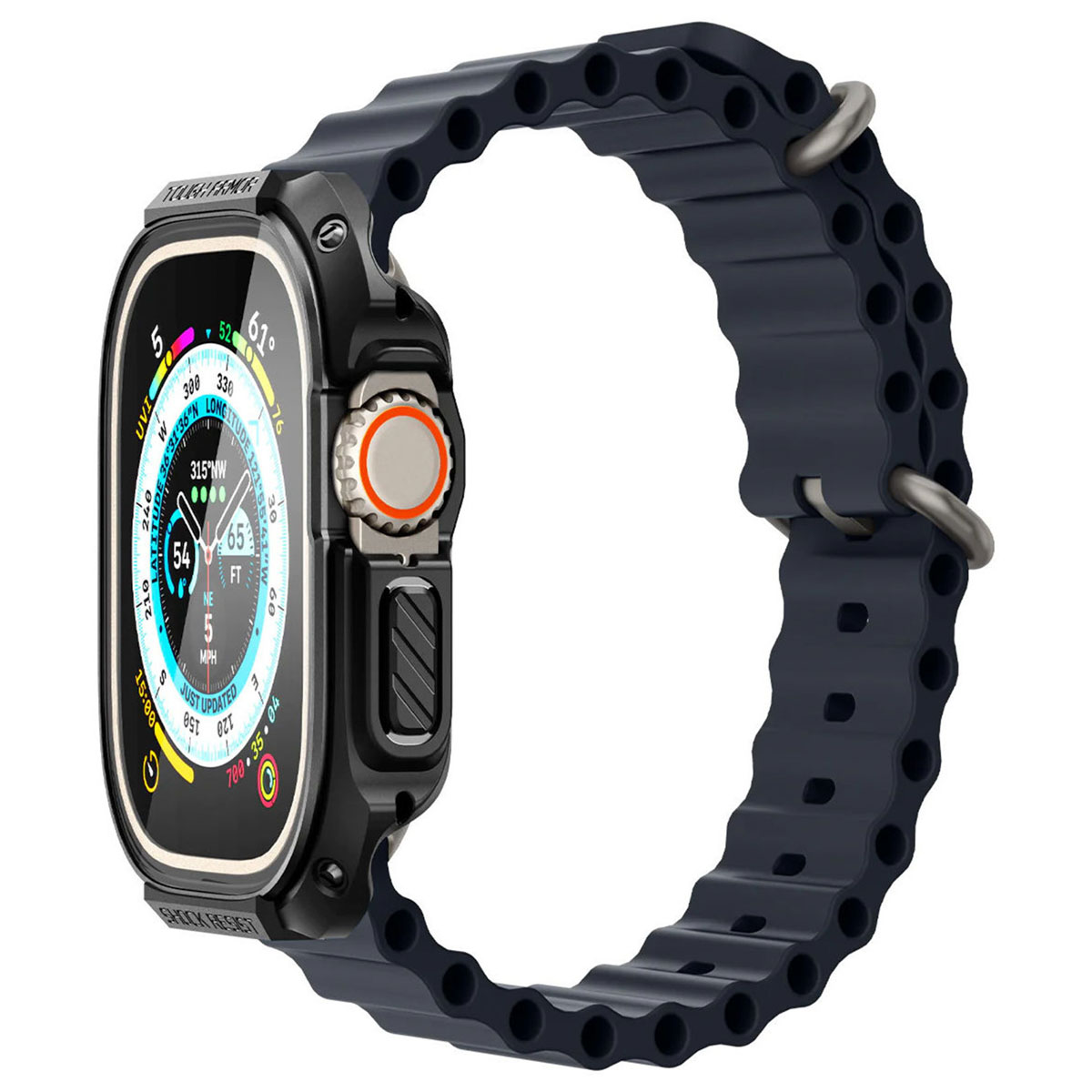 Apple Watch Ultra z czarno-niebieskim paskiem. Tarcza zegarka wyświetla dane.