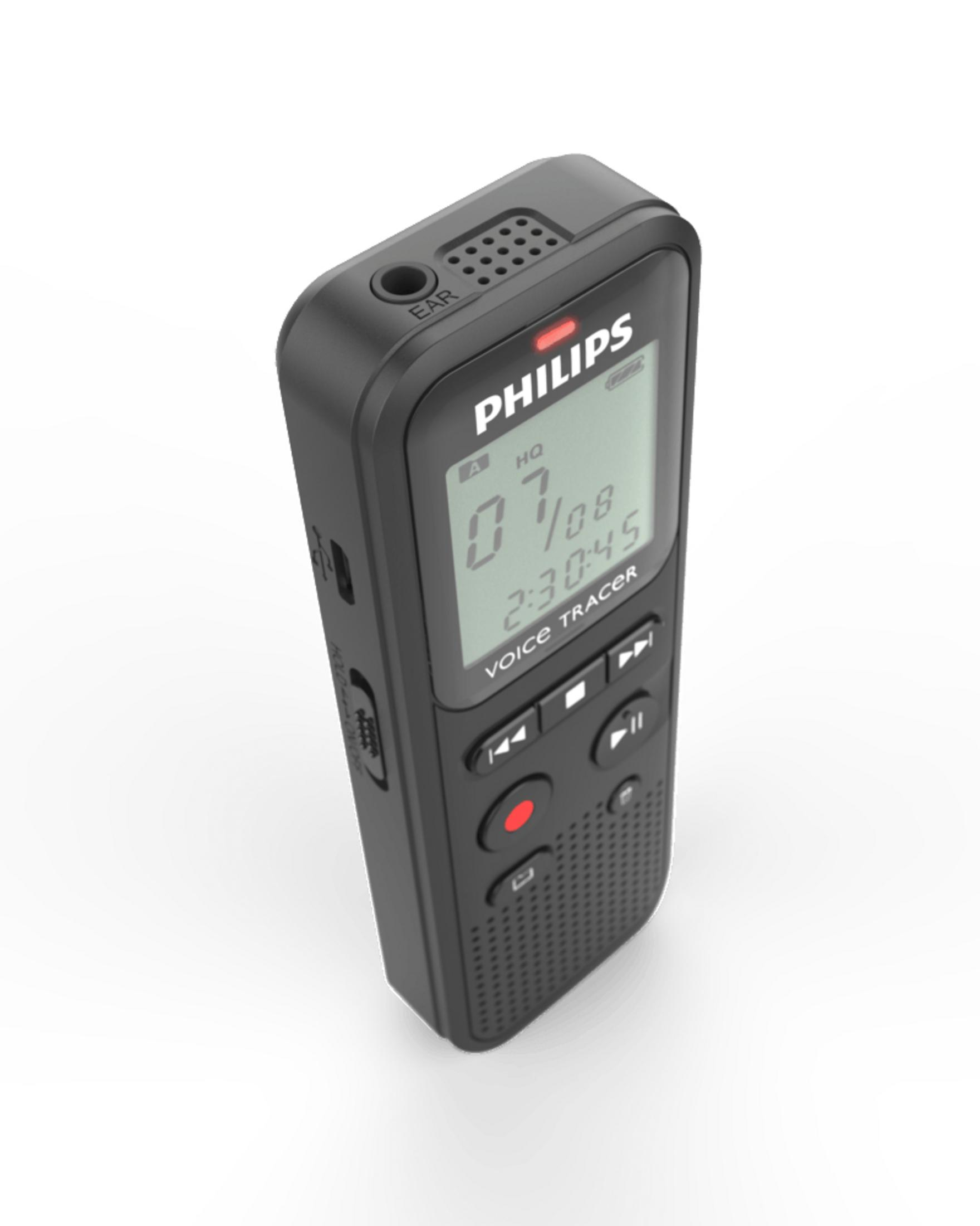 Schwarzer Philips Voice Tracer Recorder, mit Knöpfen und Display, isoliert.