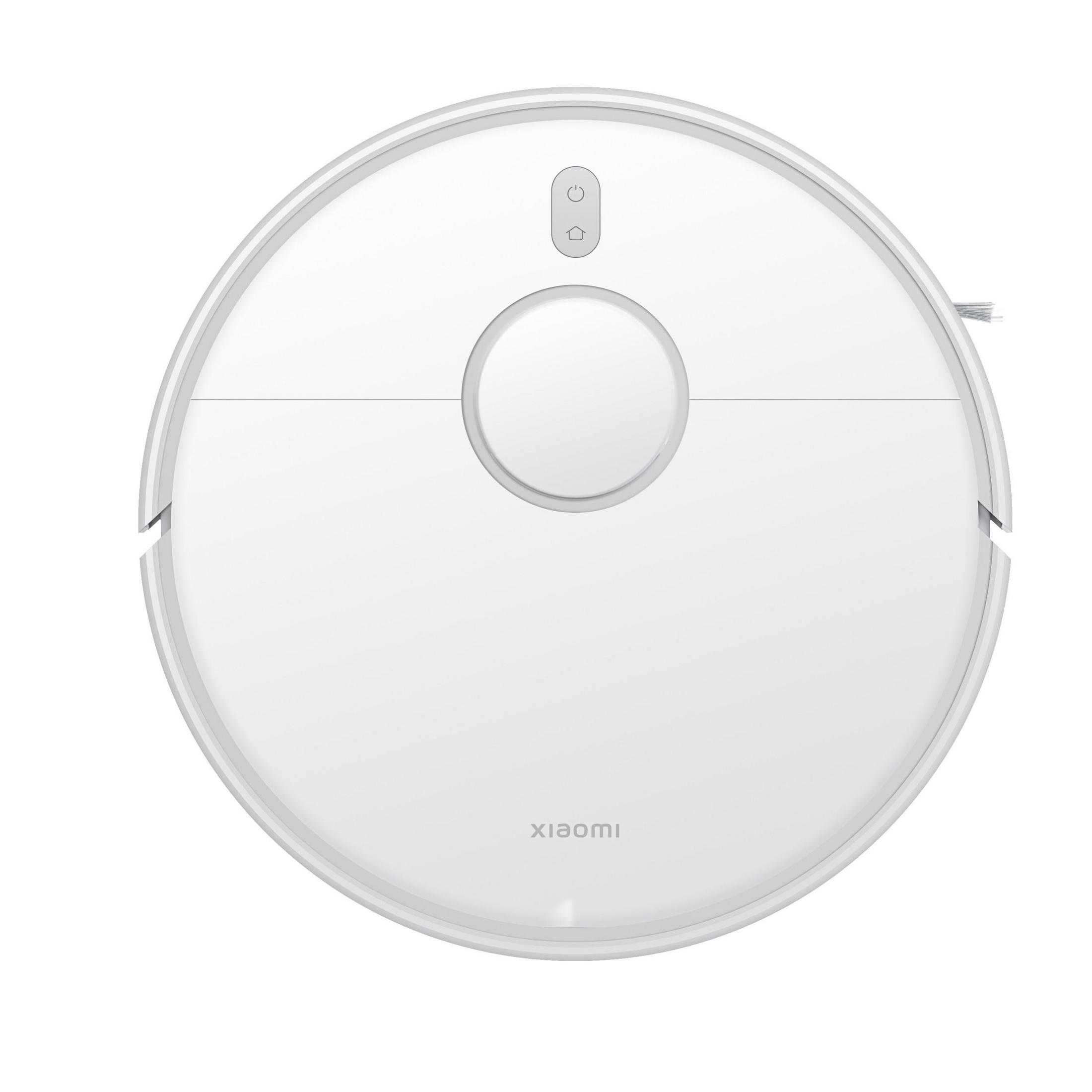 Ein weißer, kreisförmiger Roboter-Staubsauger mit dem Xiaomi-Logo.