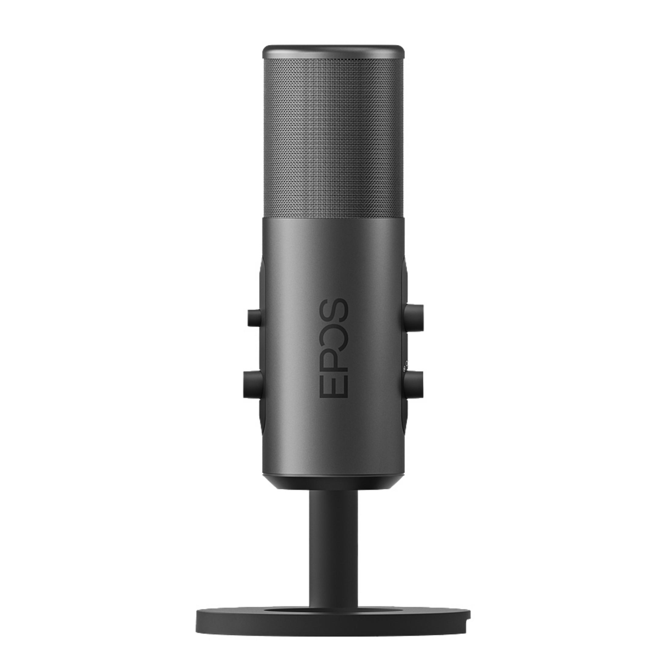 EPOS USB-Mikrofon. Grauer zylindrischer Körper, schwarzer Ständer. EPOS-Text auf dem Körper.
