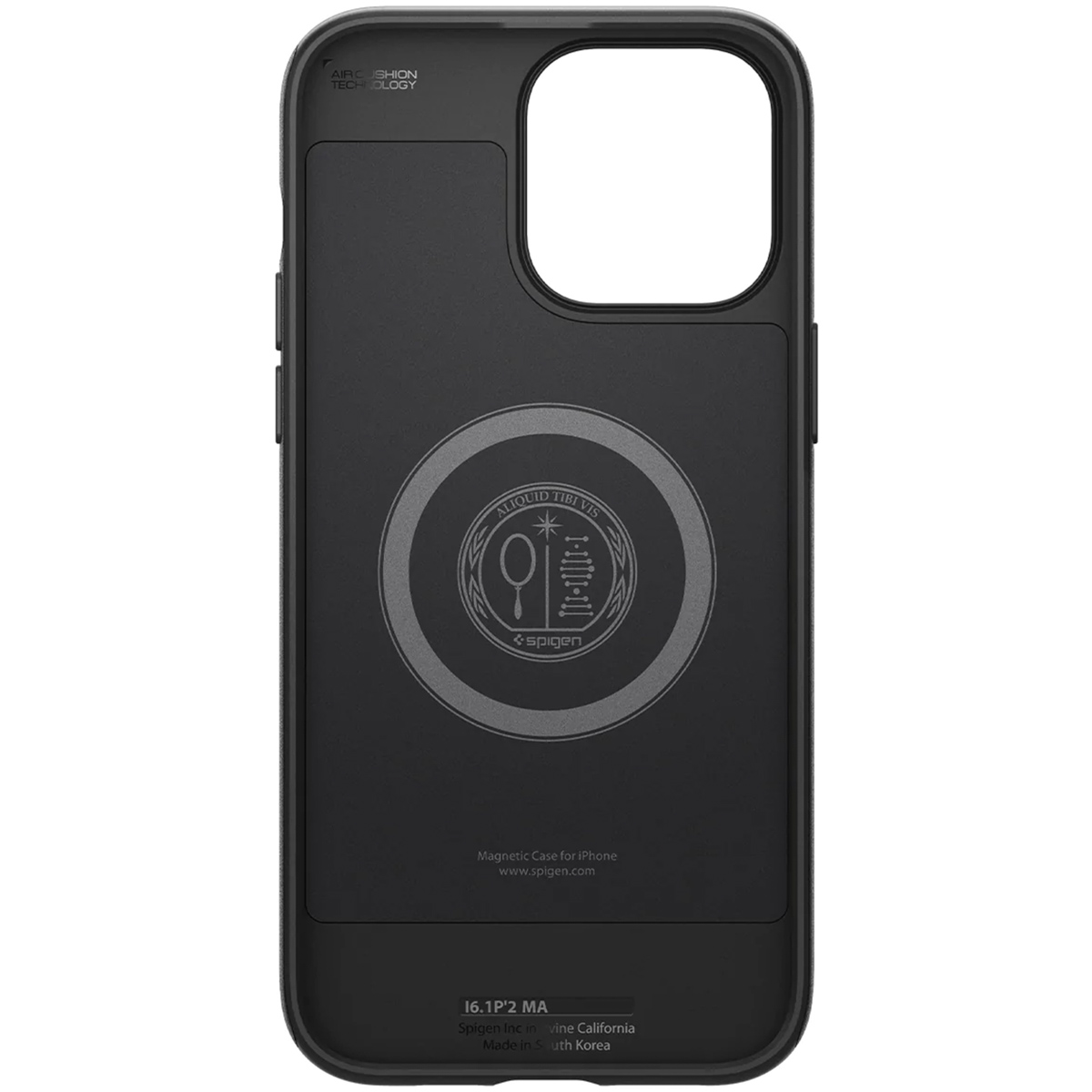 Una custodia per telefono nera con un logo circolare e il marchio sul retro. Ha un ritaglio per la fotocamera.