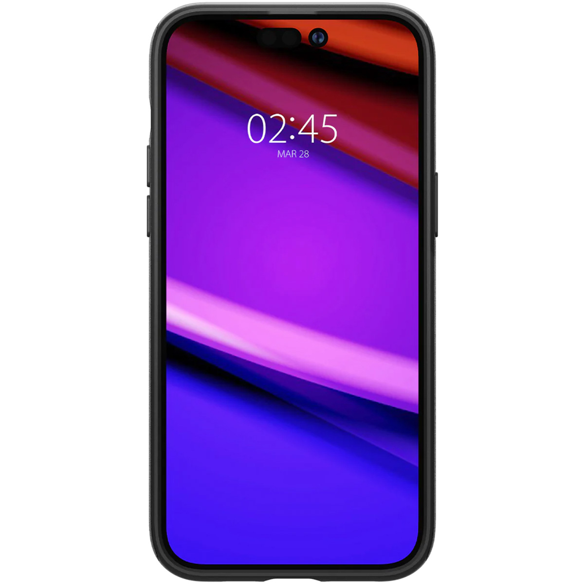Telefono nero con custodia nera. Lo schermo mostra l'ora e un design geometrico.