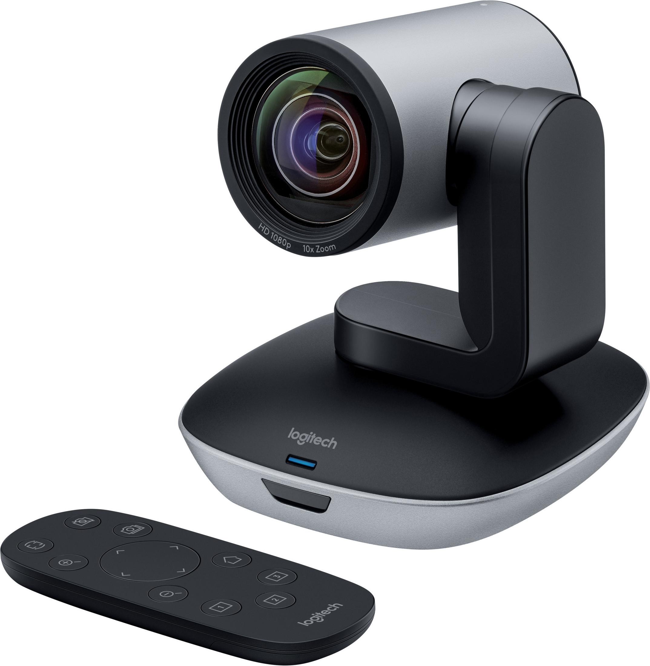 Silberne und schwarze Logitech Webcam mit Fernbedienung. Schwarze Basis und eine silberne Kamera.