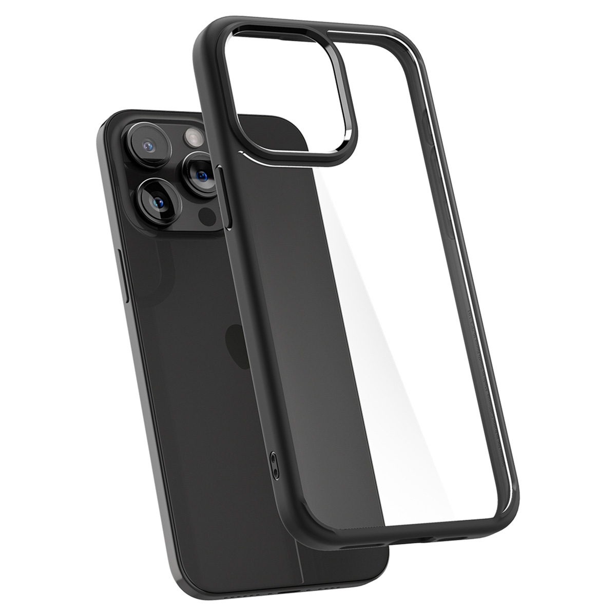 Téléphone dans un étui noir avec écran transparent. Le téléphone est incliné, montrant les caméras.