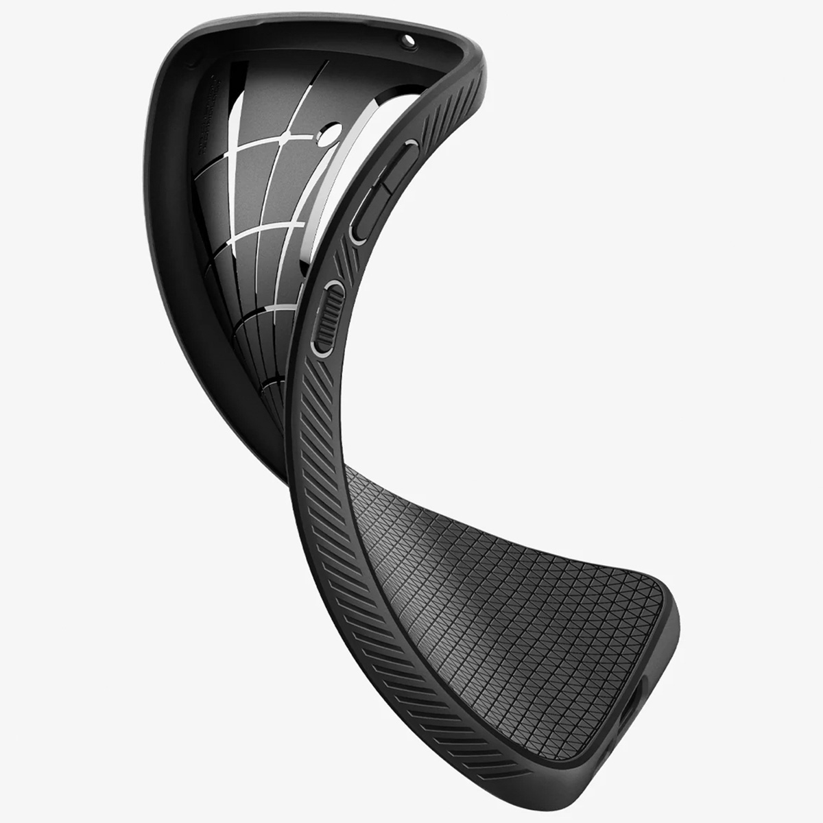 Flexibles schwarzes Handycase, innen mit Gittermuster. Gebogen, Innenseite sichtbar.