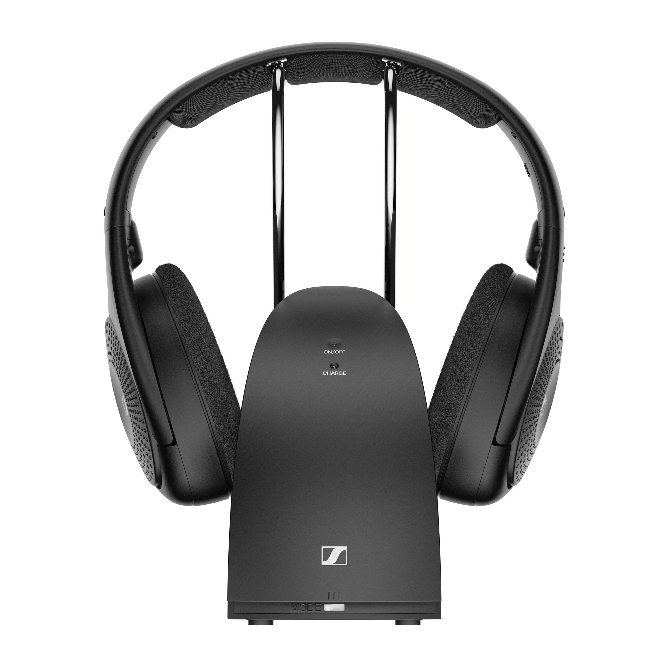Black Sennheiser headphones on a charging stand, front view. 'ON/OFF', 'CHARGE' indicators visible.
