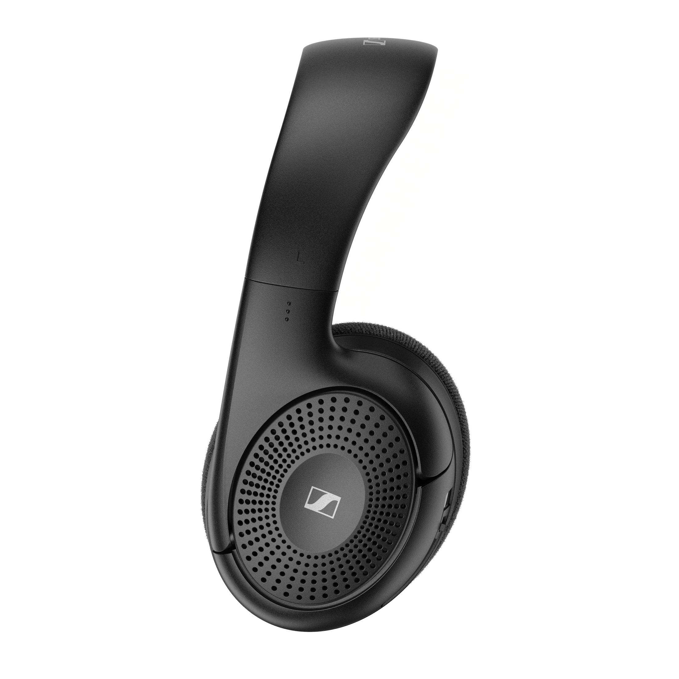 Black headphones with a circular speaker design. The brand logo is centered on the speaker.