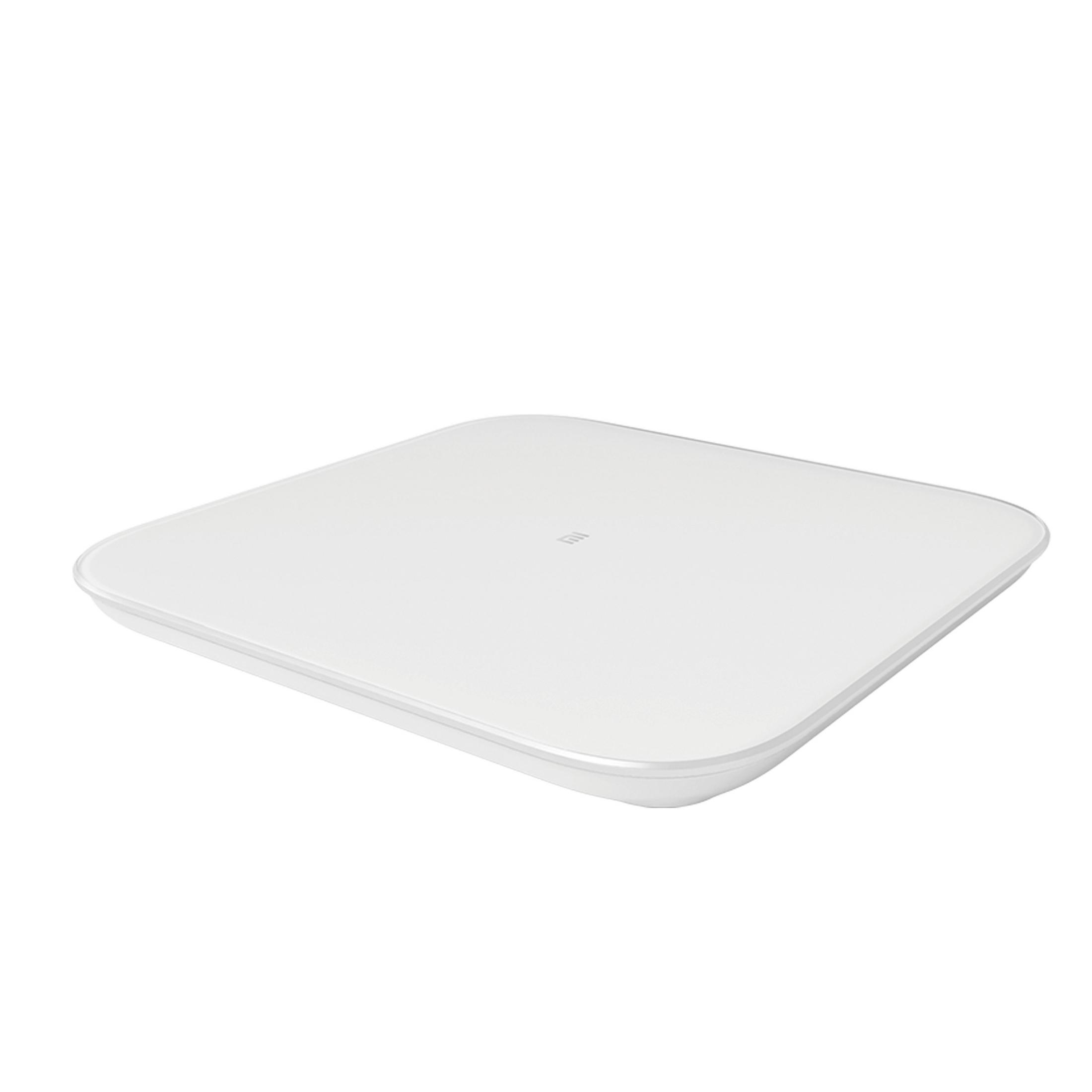 Minimalist bir tasarıma sahip beyaz, kare şeklinde bir vücut ağırlığı terazisi.