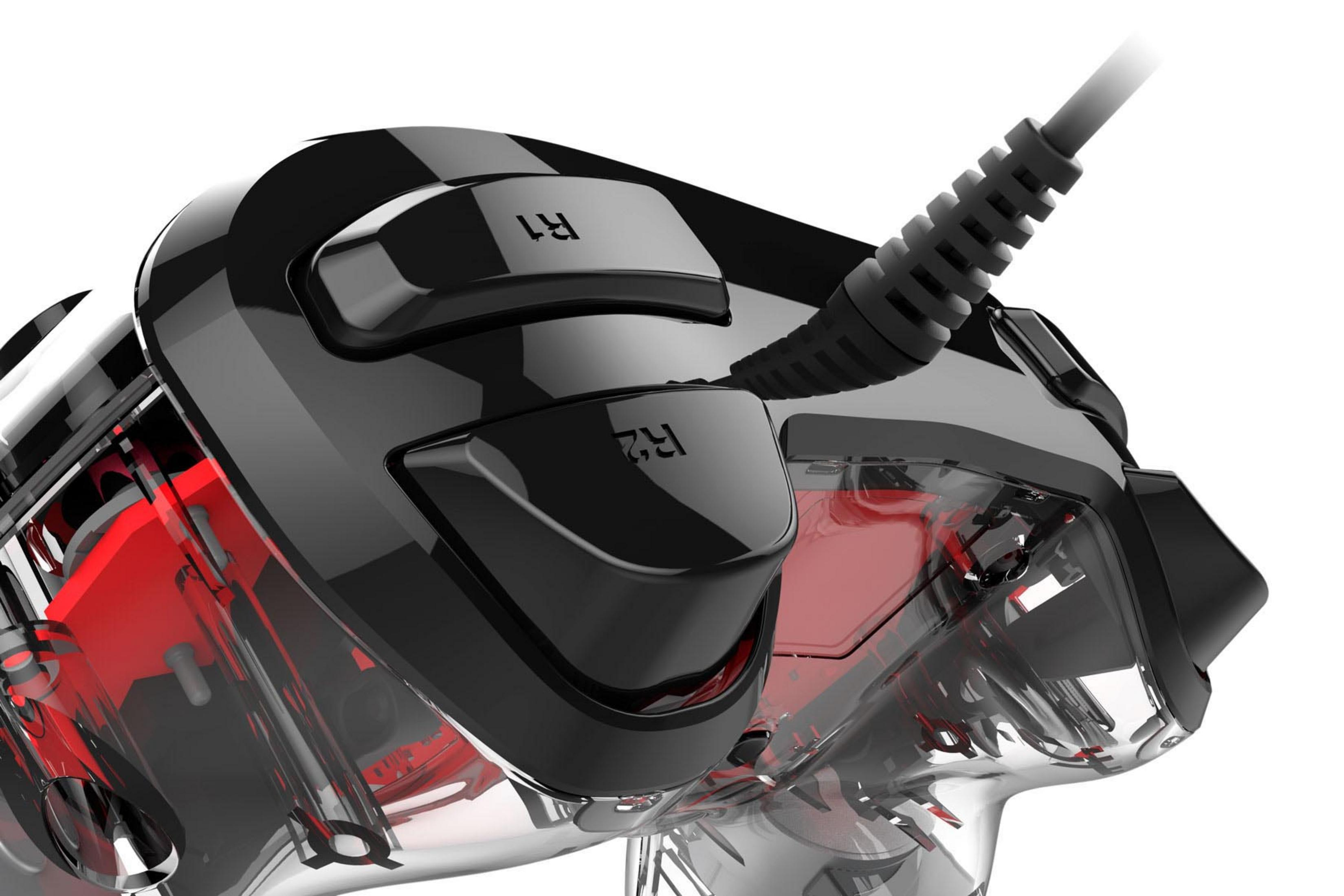 Czarny kontroler do gier. Przezroczysta konstrukcja pokazuje czerwone elementy wewnętrzne.