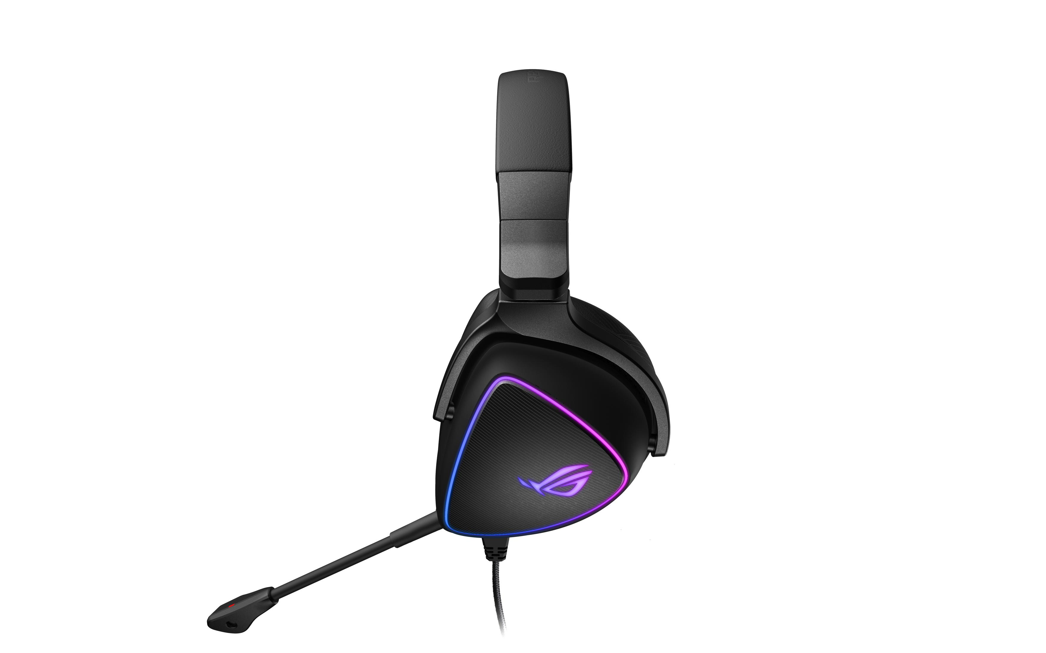 Czarne słuchawki dla graczy z mikrofonem, oświetleniem RGB i białym tłem.