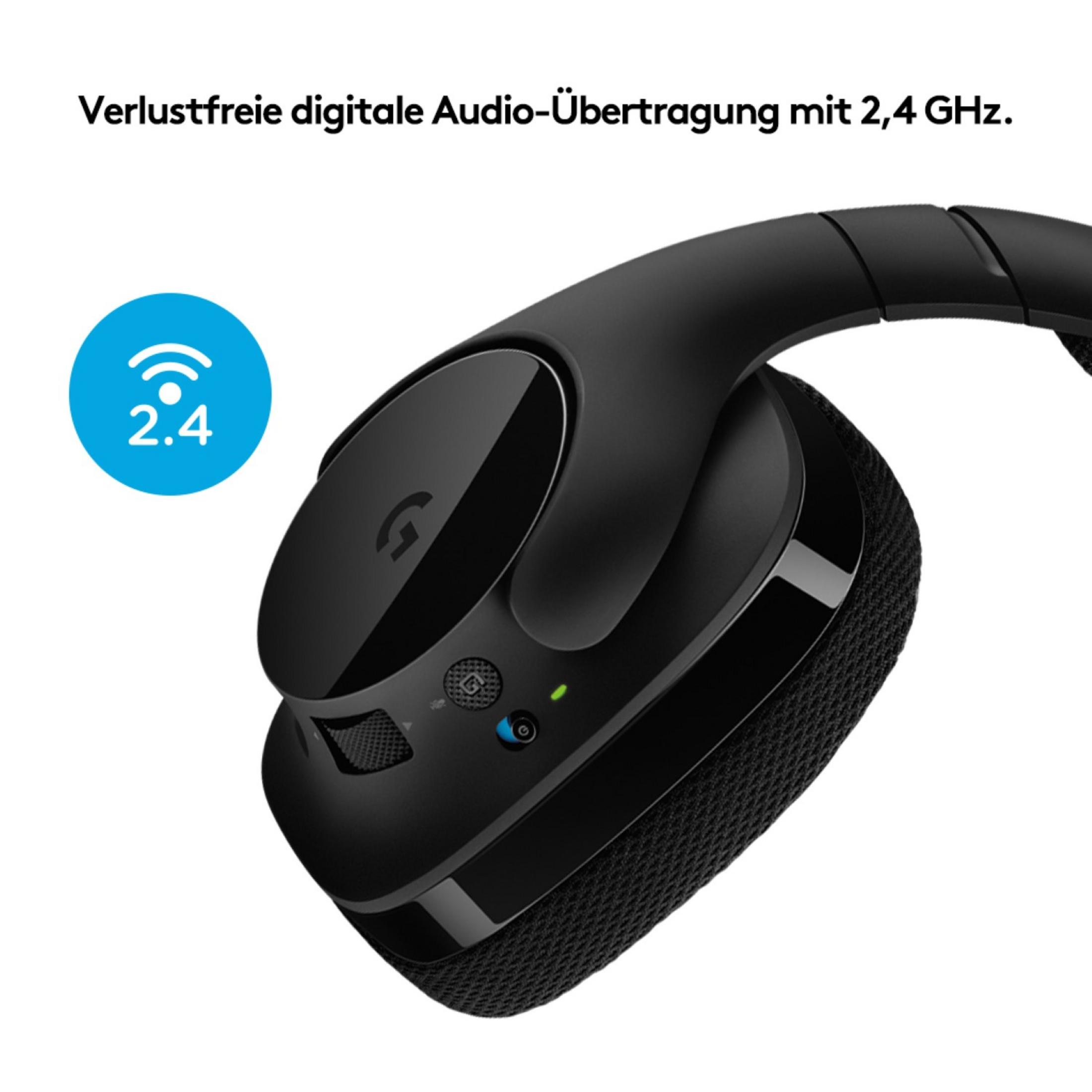 Schwarze kabellose Kopfhörer mit blauem '2,4'-Symbol. Text: 'Verlustfreie digitale Audio-Übertragung'.