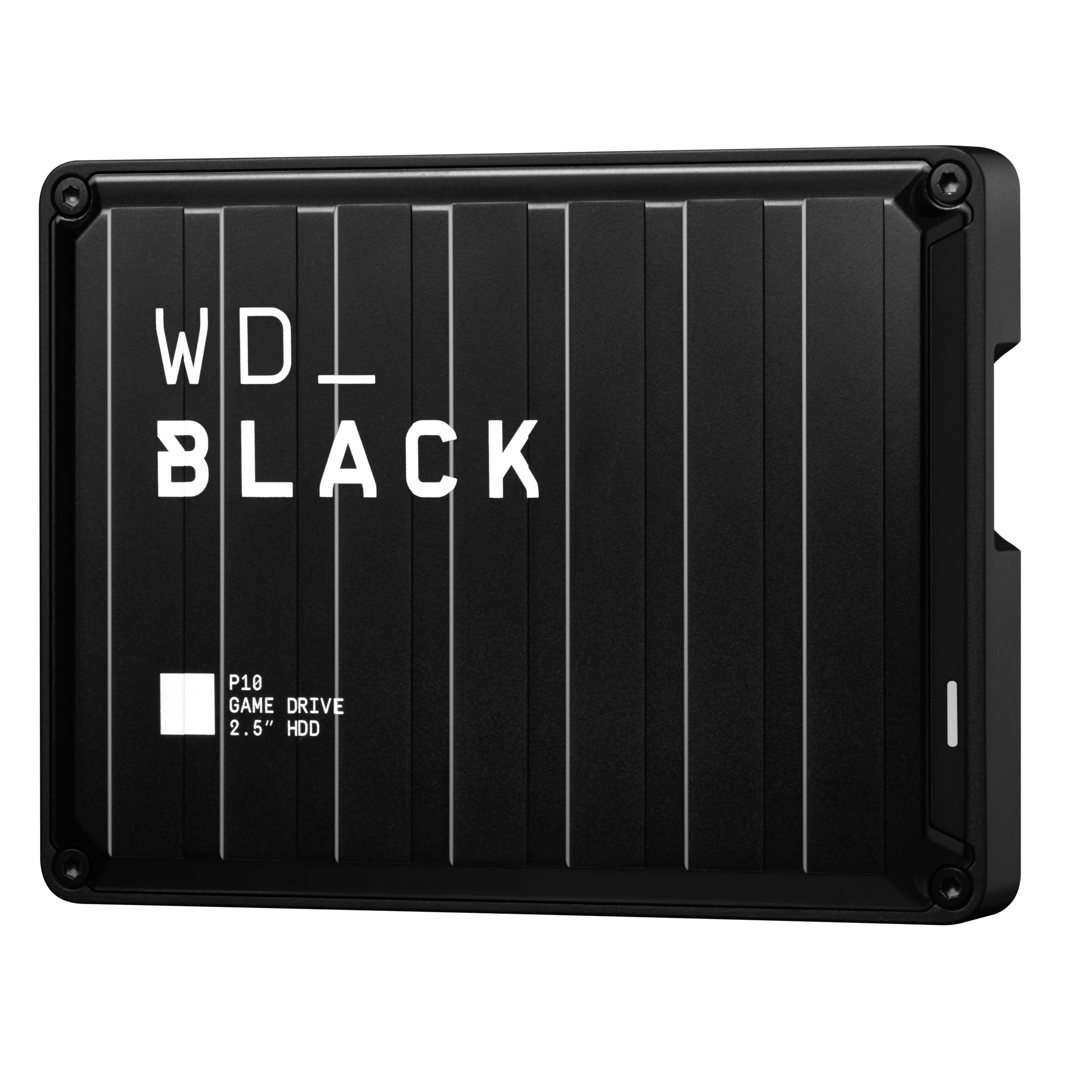 WD_BLACK P10 Game Drive, czarny, z białym tekstem i pionowymi liniami na powierzchni.