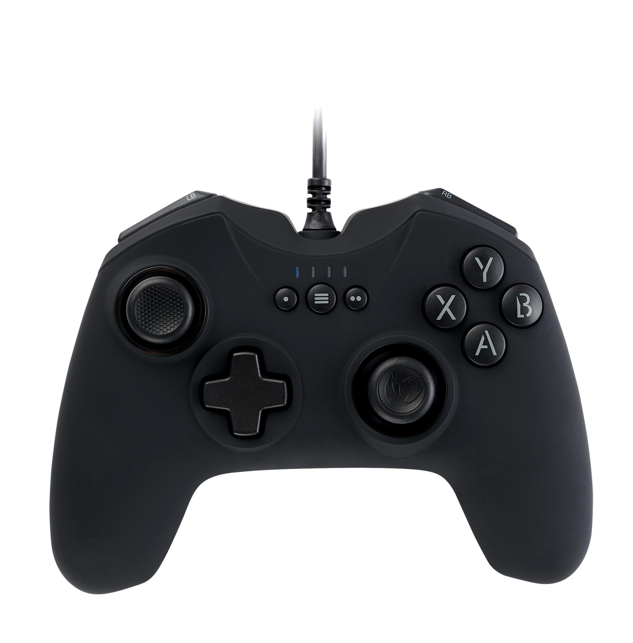 Controller di gioco nero con pulsanti, joystick e cavo.