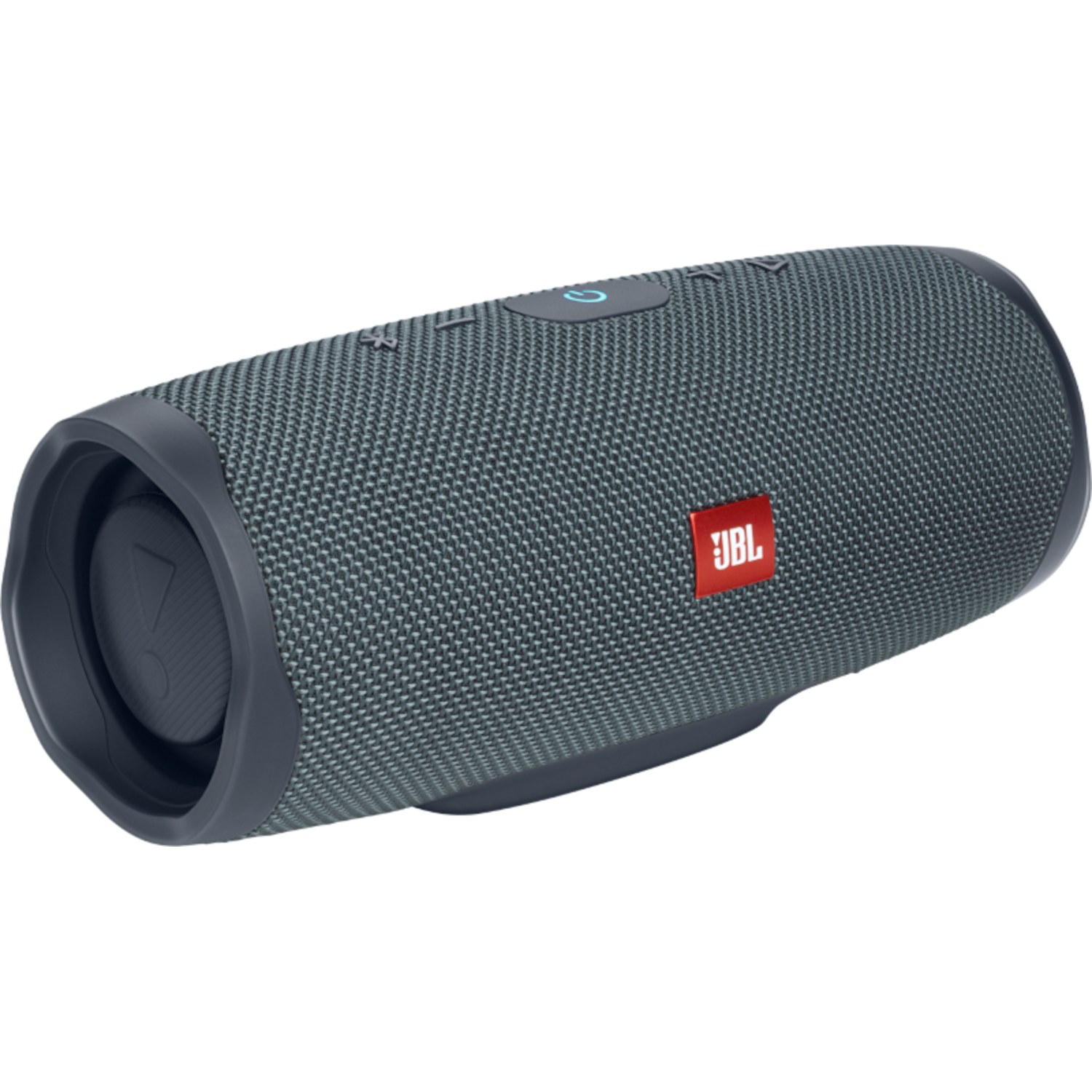 Szary głośnik JBL Charge 4. Czerwone logo JBL na głośniku. Głośnik ma kształt cylindryczny.