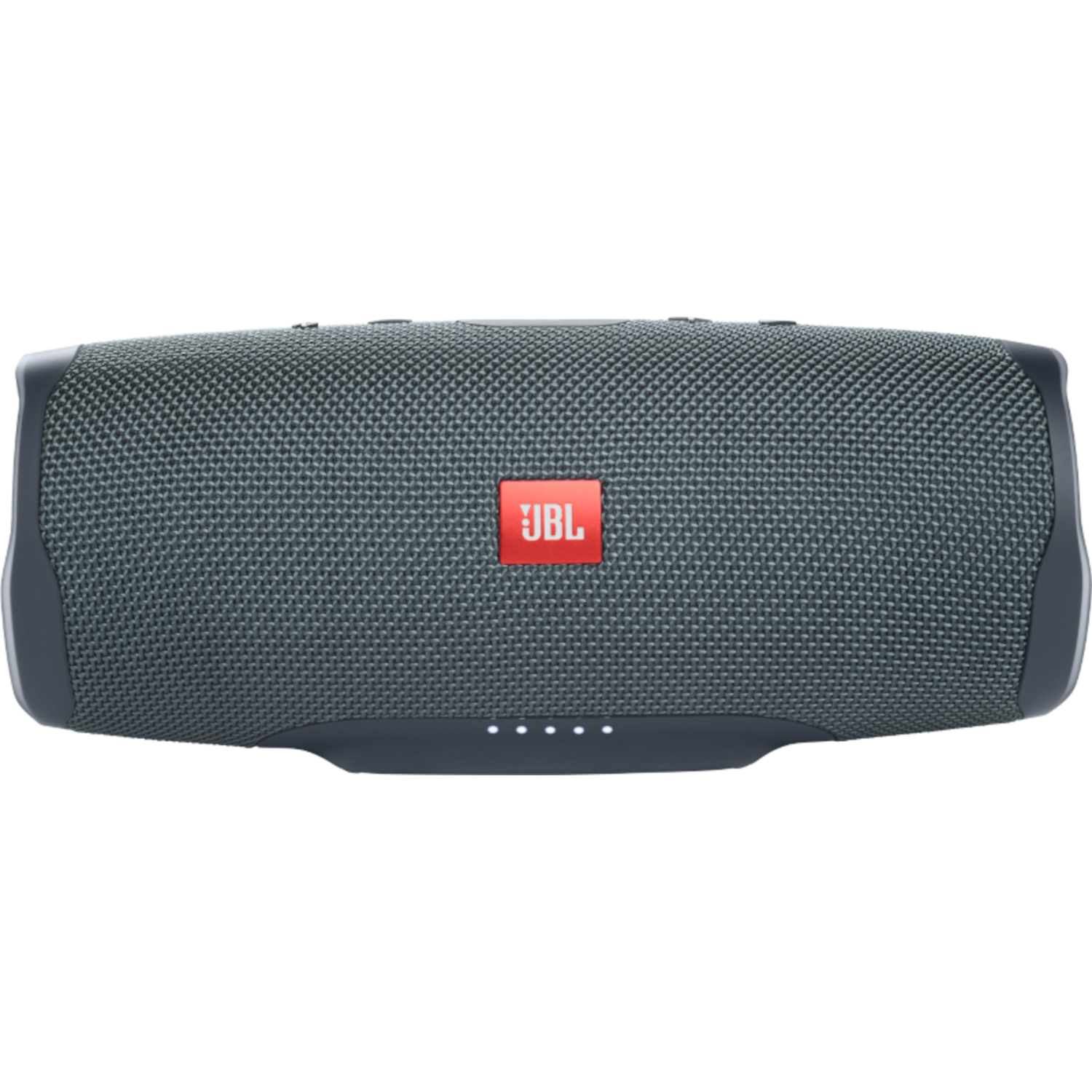 Głośnik JBL Charge. Jest ciemnoszary z czerwonym logo JBL. Cztery białe kropki pokazują poziom naładowania baterii.