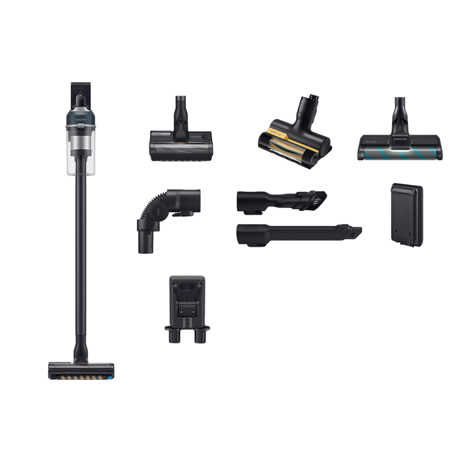 Czarny i srebrny odkurzacz bezprzewodowy z różnymi nasadkami na czarnym tle.