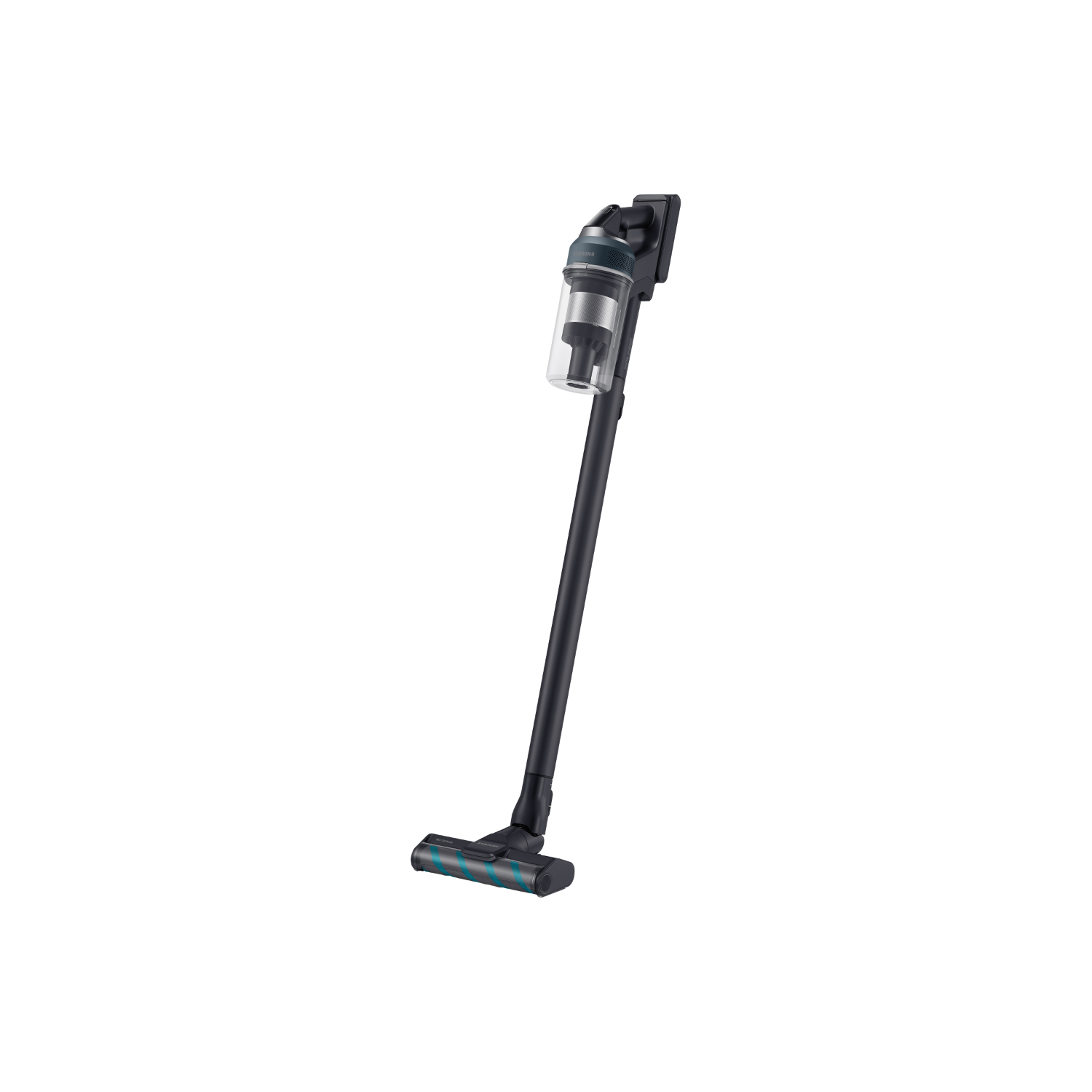 Bezprzewodowy odkurzacz z czarnym korpusem i niebieską głowicą szczotki na białym tle.