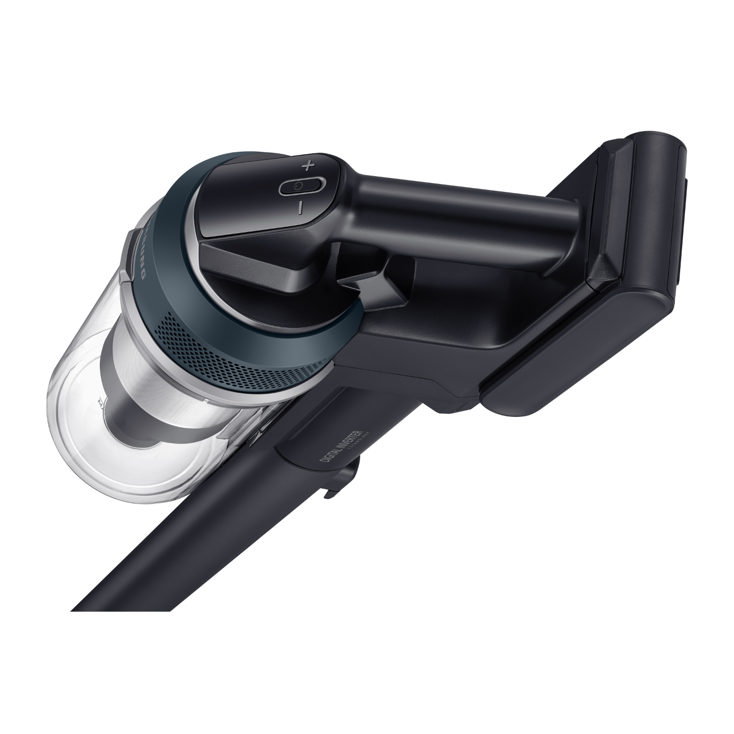 Czarny i srebrny bezprzewodowy odkurzacz pod kątem, z przezroczystym pojemnikiem na kurz.