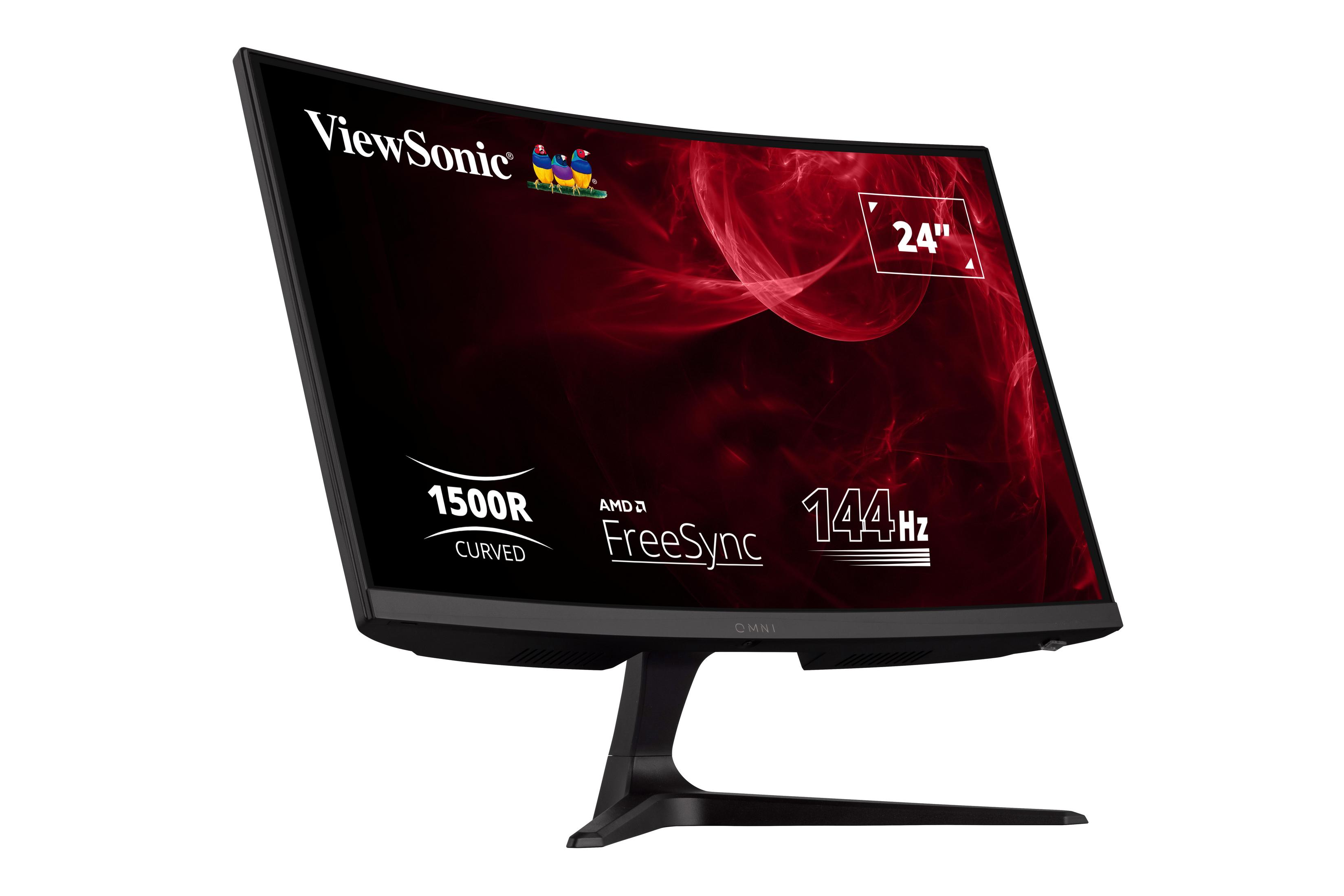 Monitor ViewSonic negro curvo con gráficos rojos en pantalla, mostrando '24"', '144Hz', y Freesync.