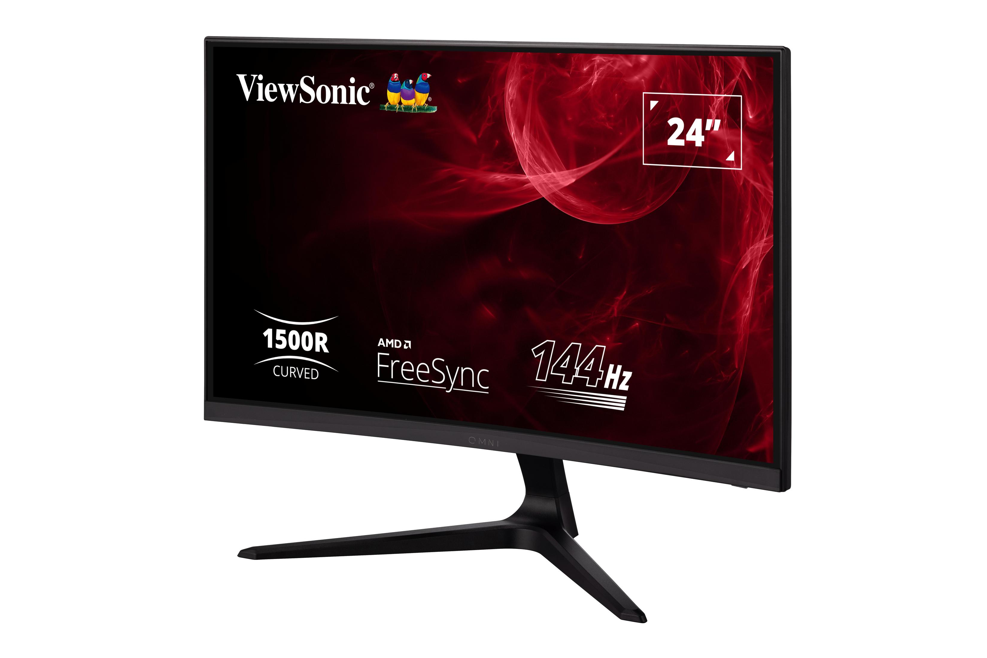 Monitor curvo de 24 pulgadas con fondo rojo. Características: 144Hz, FreeSync y 1500R.