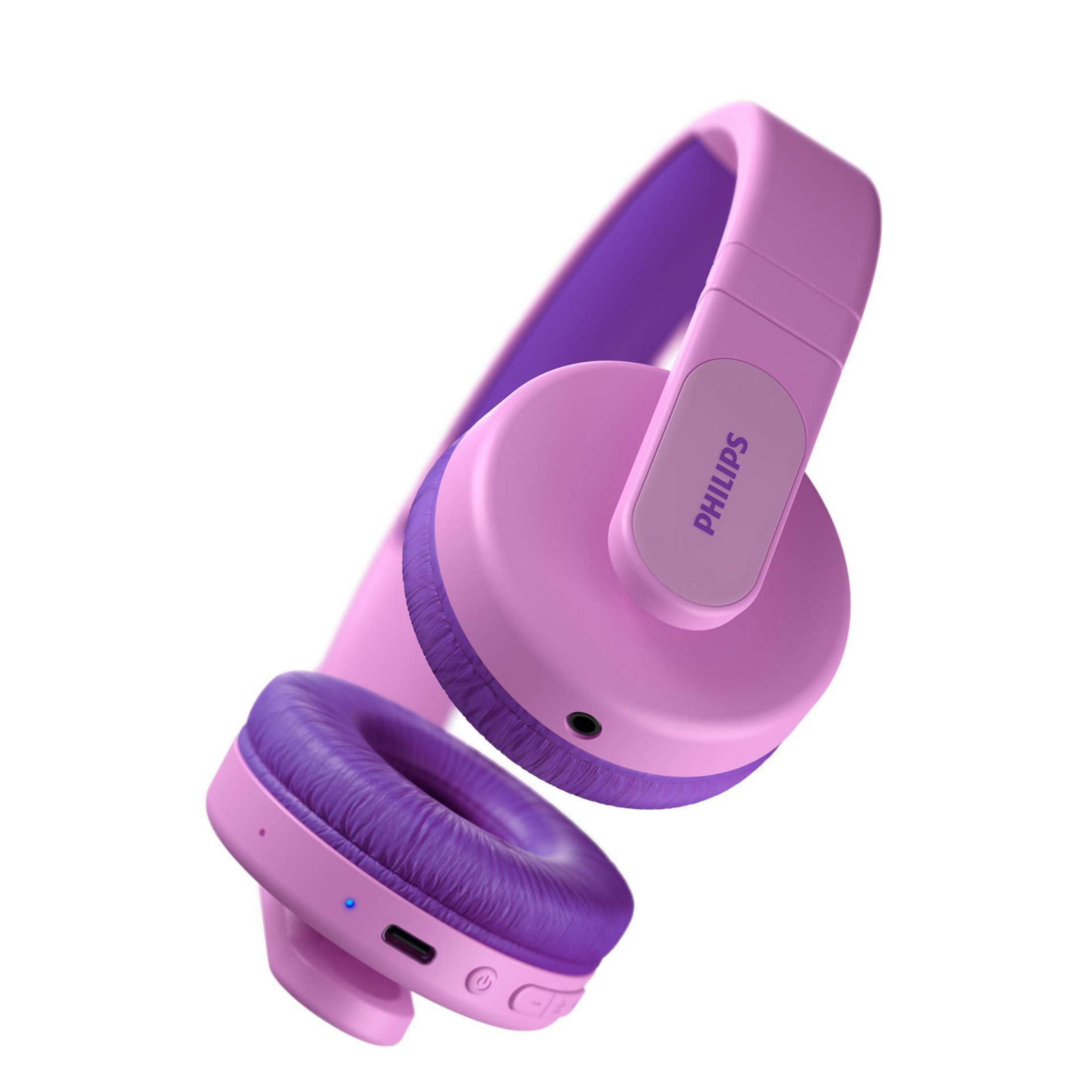 Rosa und lila Kopfhörer, Over-Ear-Stil, isoliert auf weißem Hintergrund.