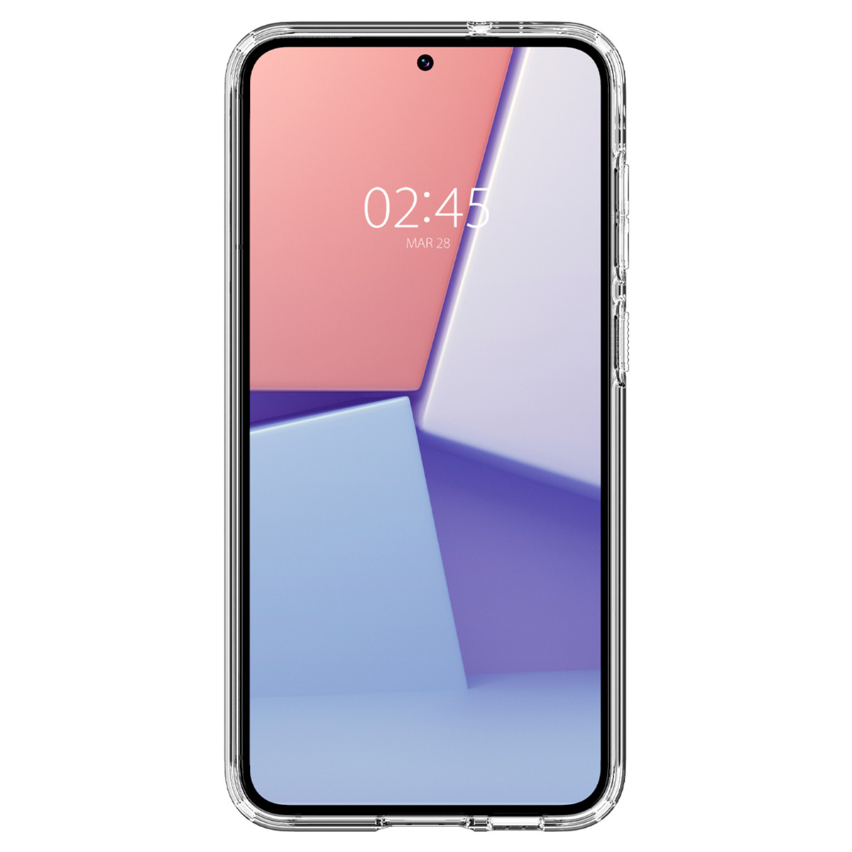 Smartphone in una custodia trasparente. Lo schermo mostra un orologio e forme astratte. Sfondo bianco.