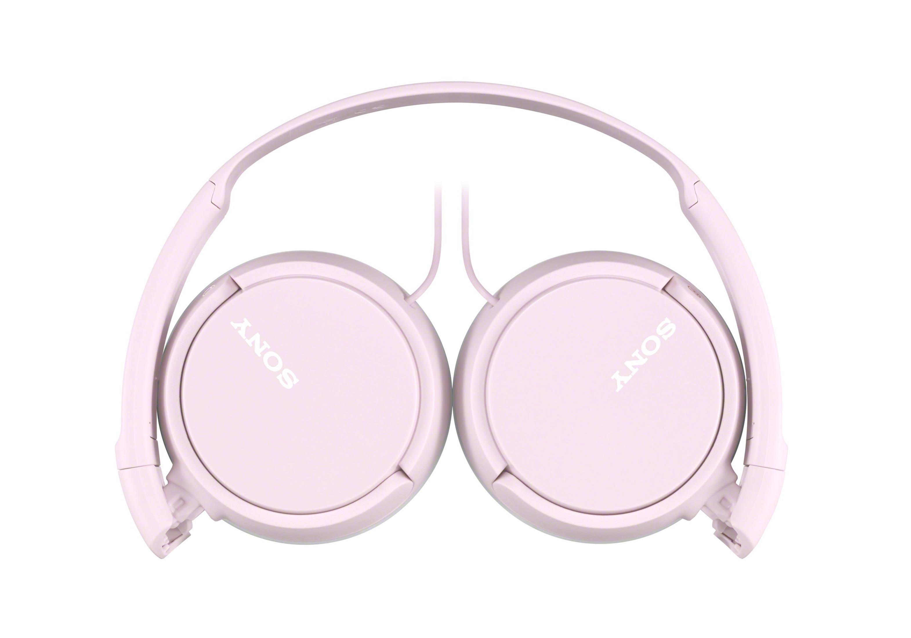 Cuffie rosa pieghevoli con il marchio 'SONY' su ciascun padiglione auricolare.