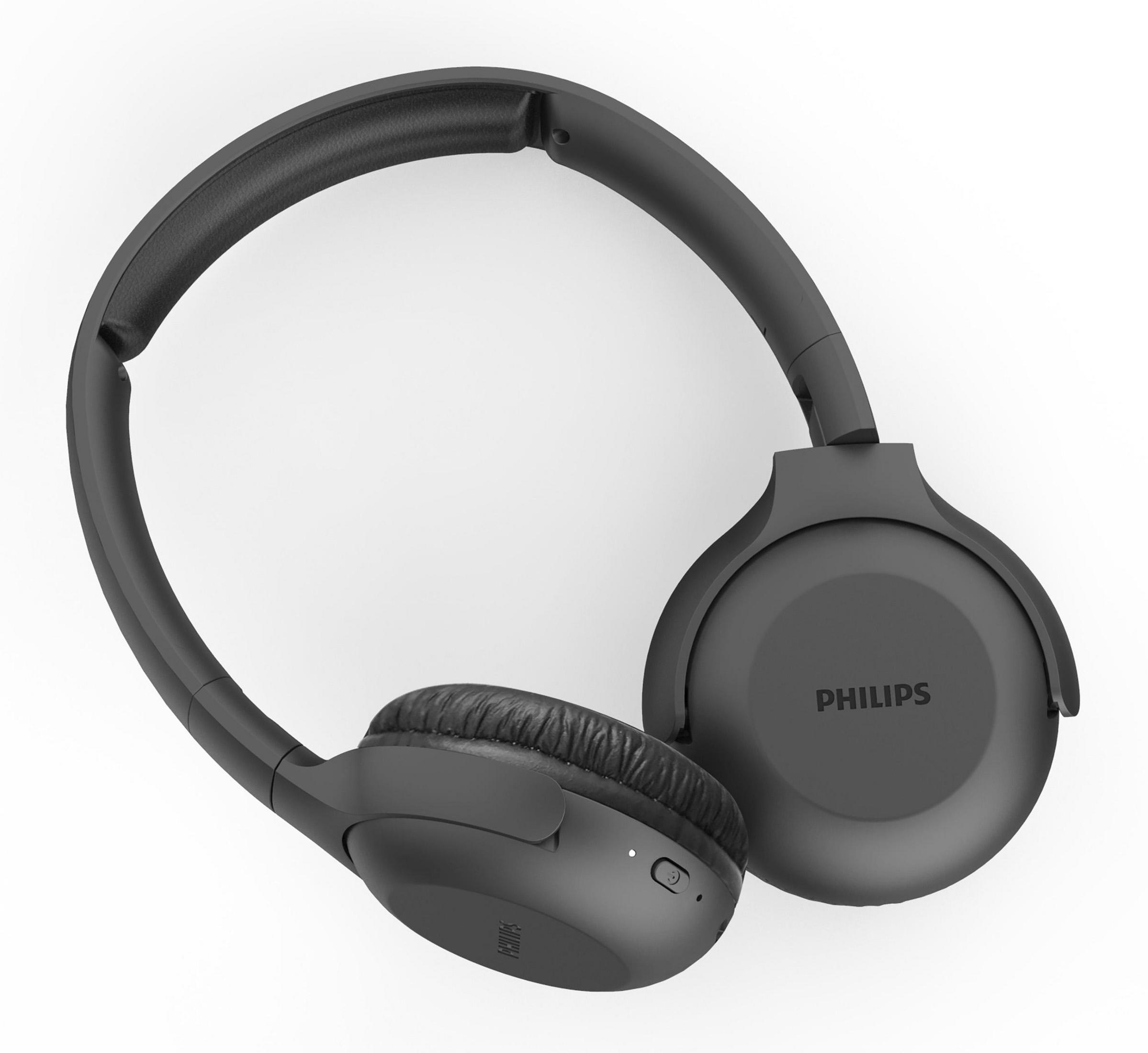 Czarne słuchawki z logo PHILIPS na nauszniku. Słuchawki są na białym tle.