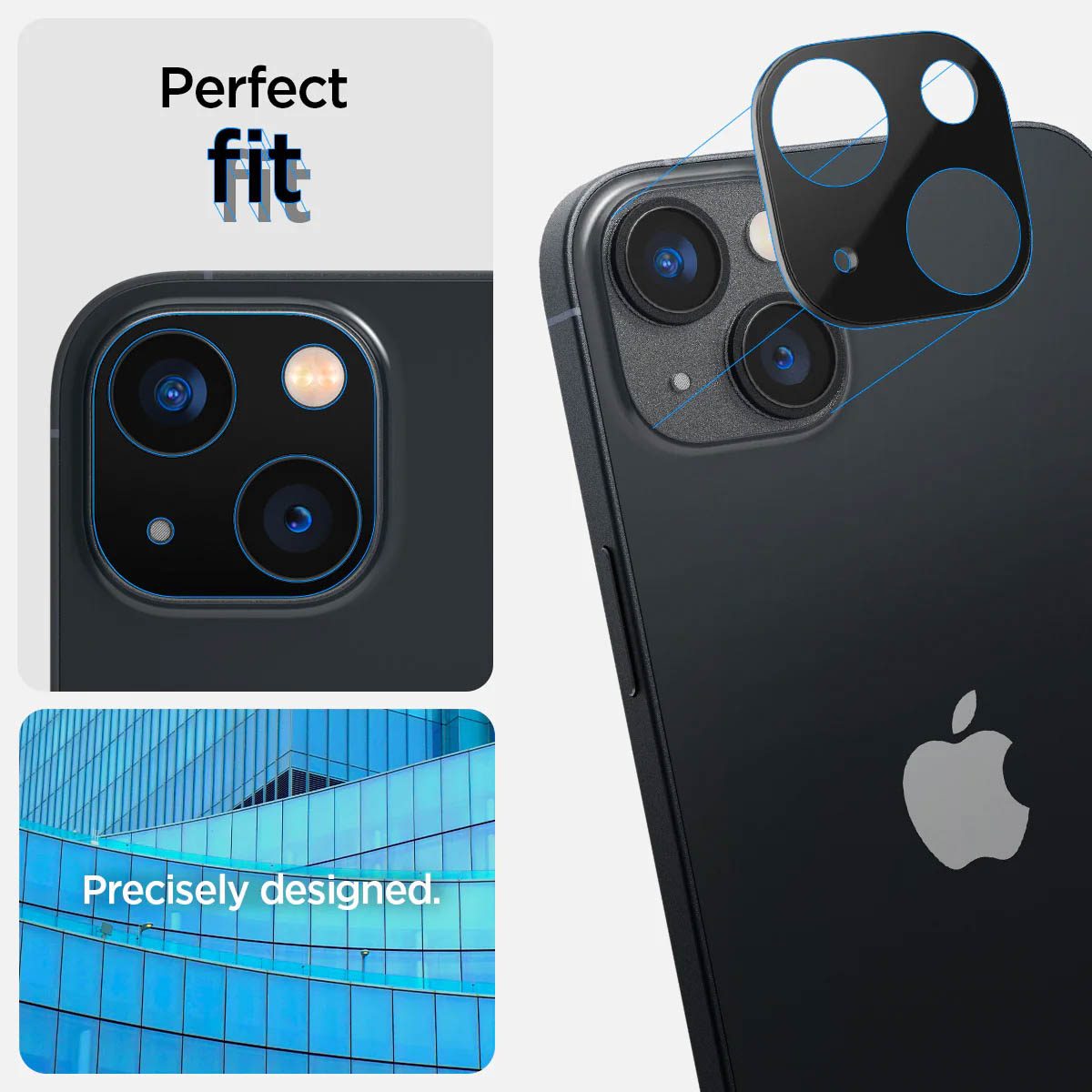 Téléphone noir avec protections d'objectif. Gros plan, design parfait. Bâtiment bleu en arrière-plan.