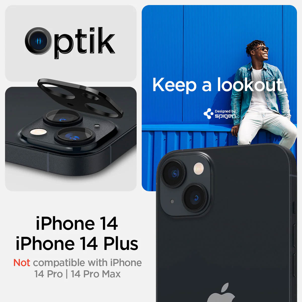 Publicité avec un iPhone et une personne, soulignant la compatibilité iPhone 14.
