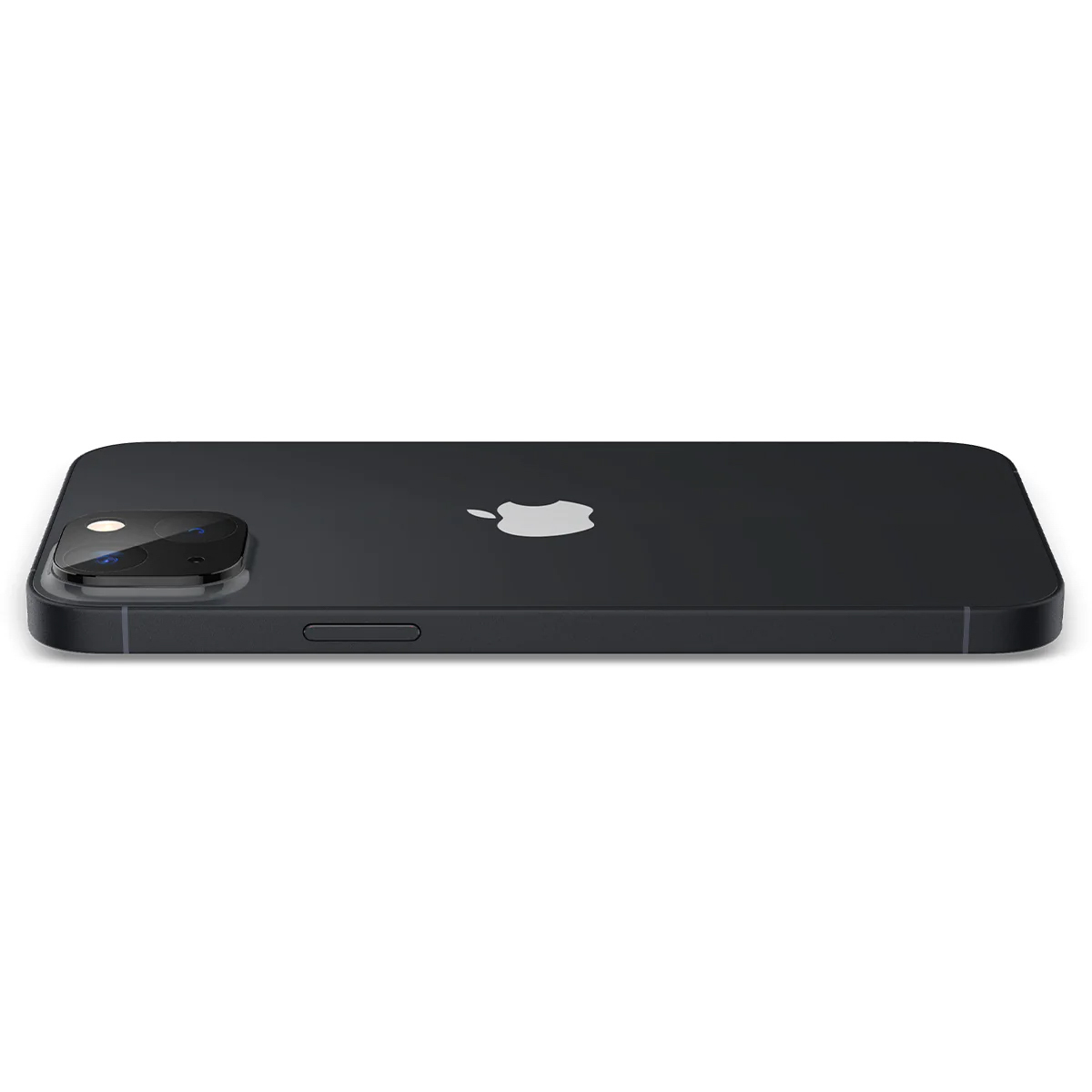 iPhone noir à plat. La caméra et le logo Apple sont visibles. Le fond est blanc.