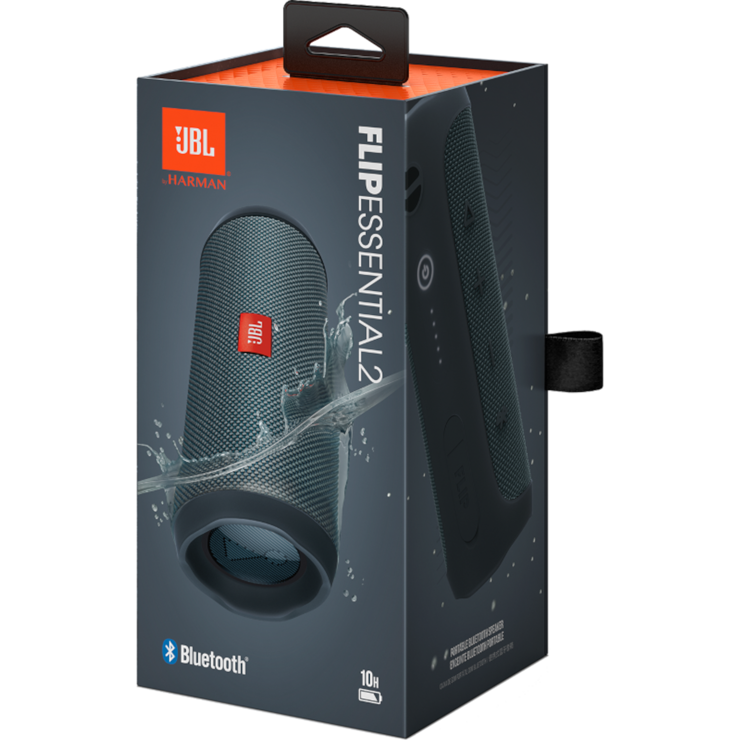 JBL Flip Essential 2 Lautsprecher in einer Box. Der Lautsprecher ist blau, mit Wasserspritzeffekt.