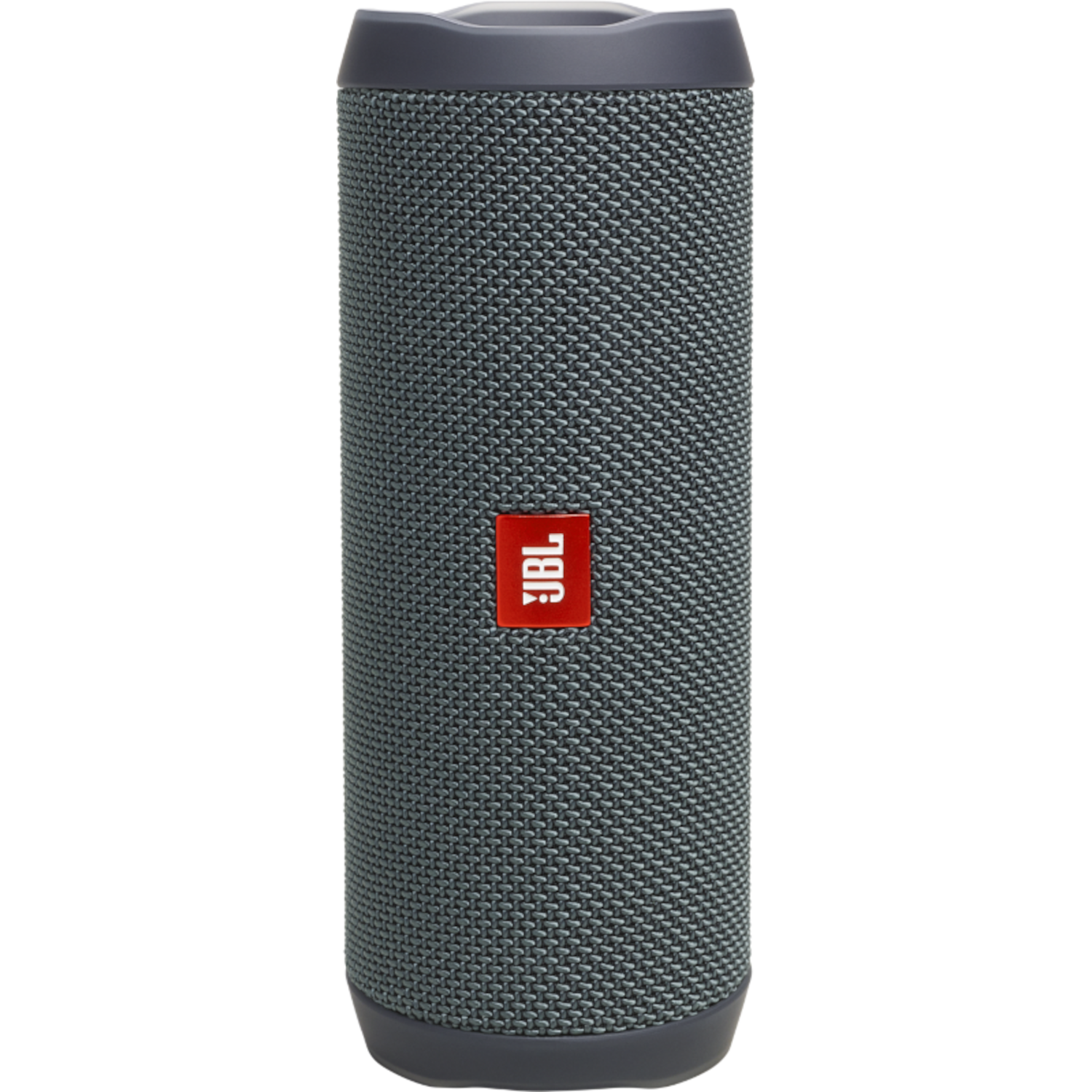 Zylindrischer grauer JBL-Lautsprecher mit JBL-Logo auf schwarzem Hintergrund.