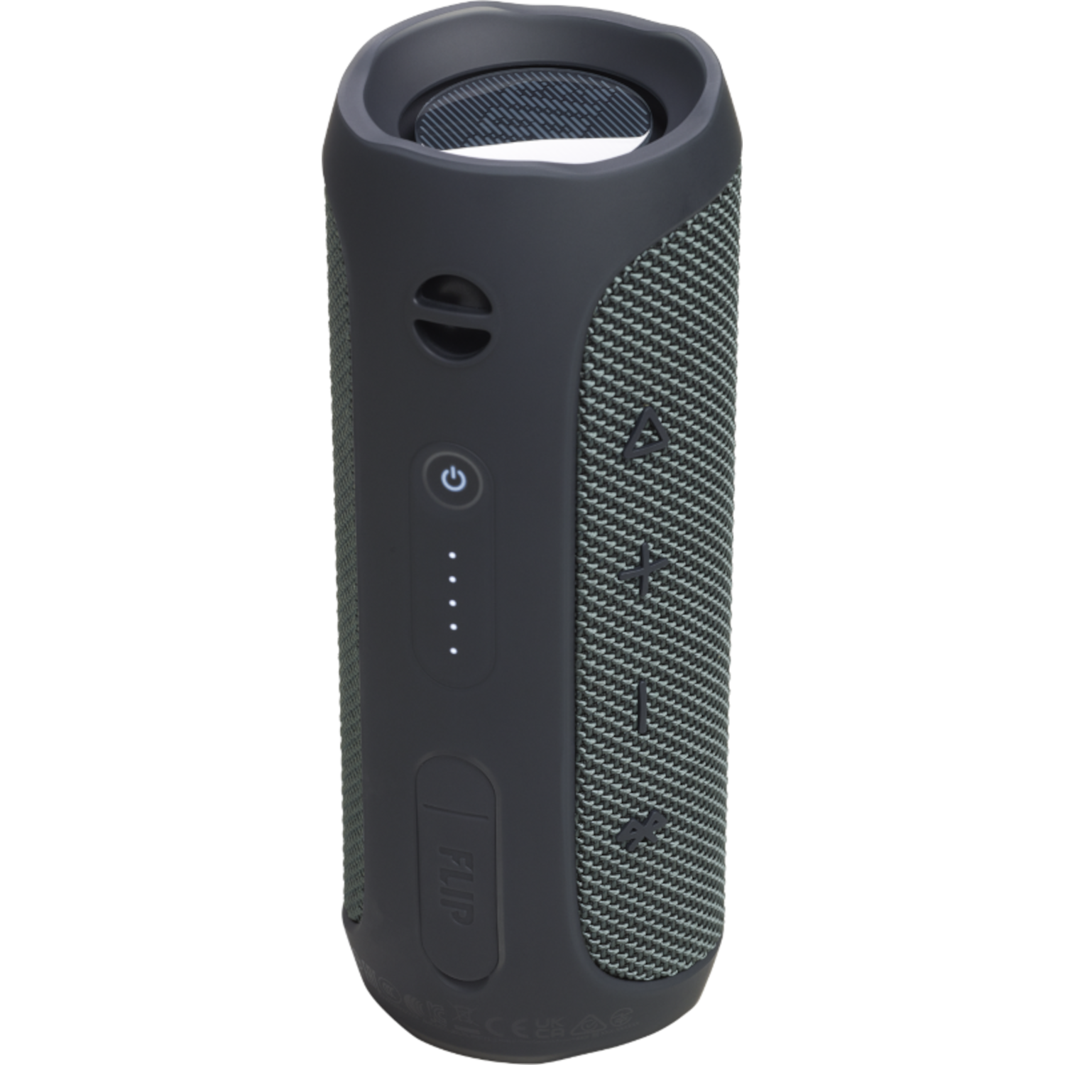Schwarz-grauer JBL Flip 5 tragbarer Lautsprecher, isoliert auf schwarzem Hintergrund.