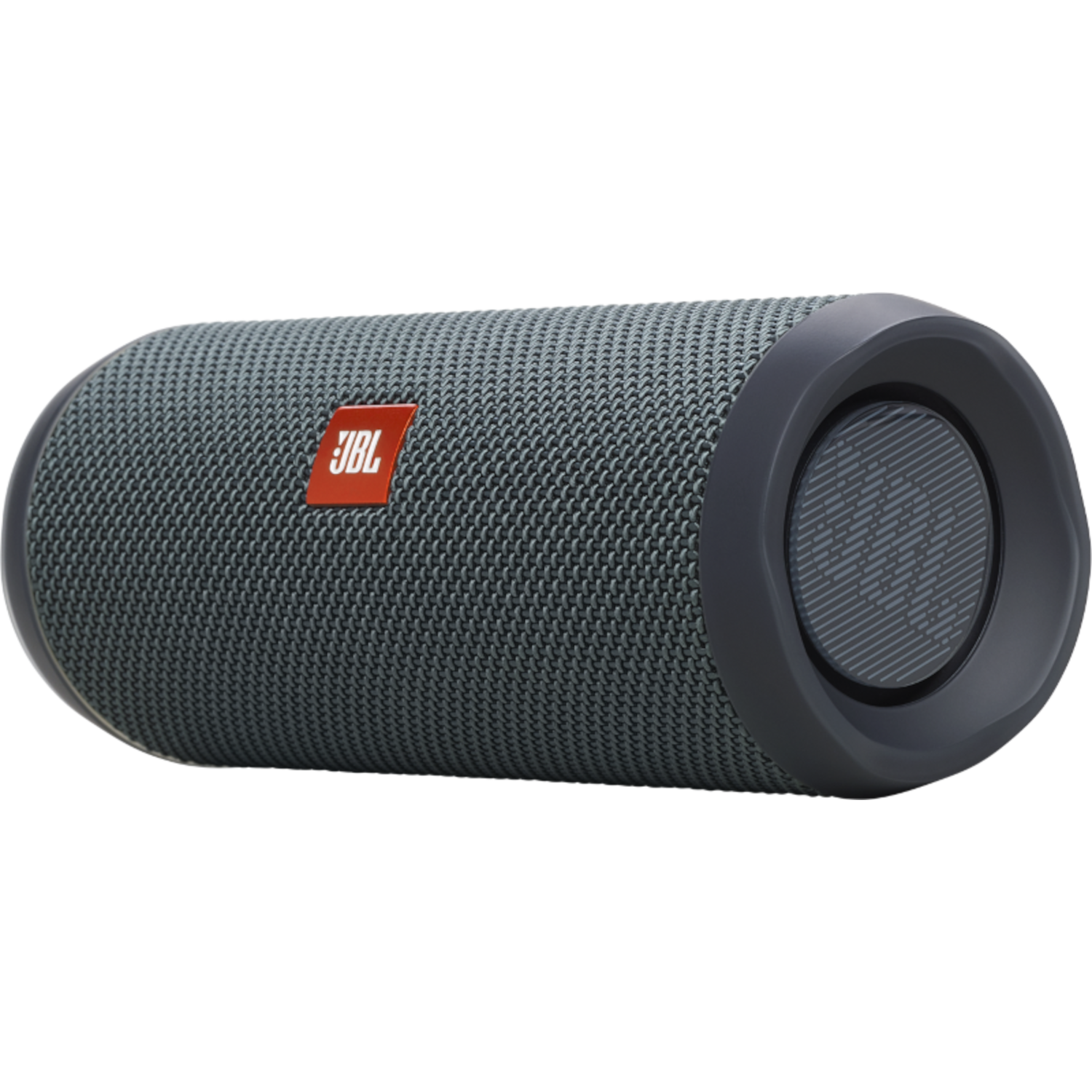 Grau-schwarzer JBL-Lautsprecher, zylindrisch mit rotem JBL-Logo. Schwarzer Hintergrund.