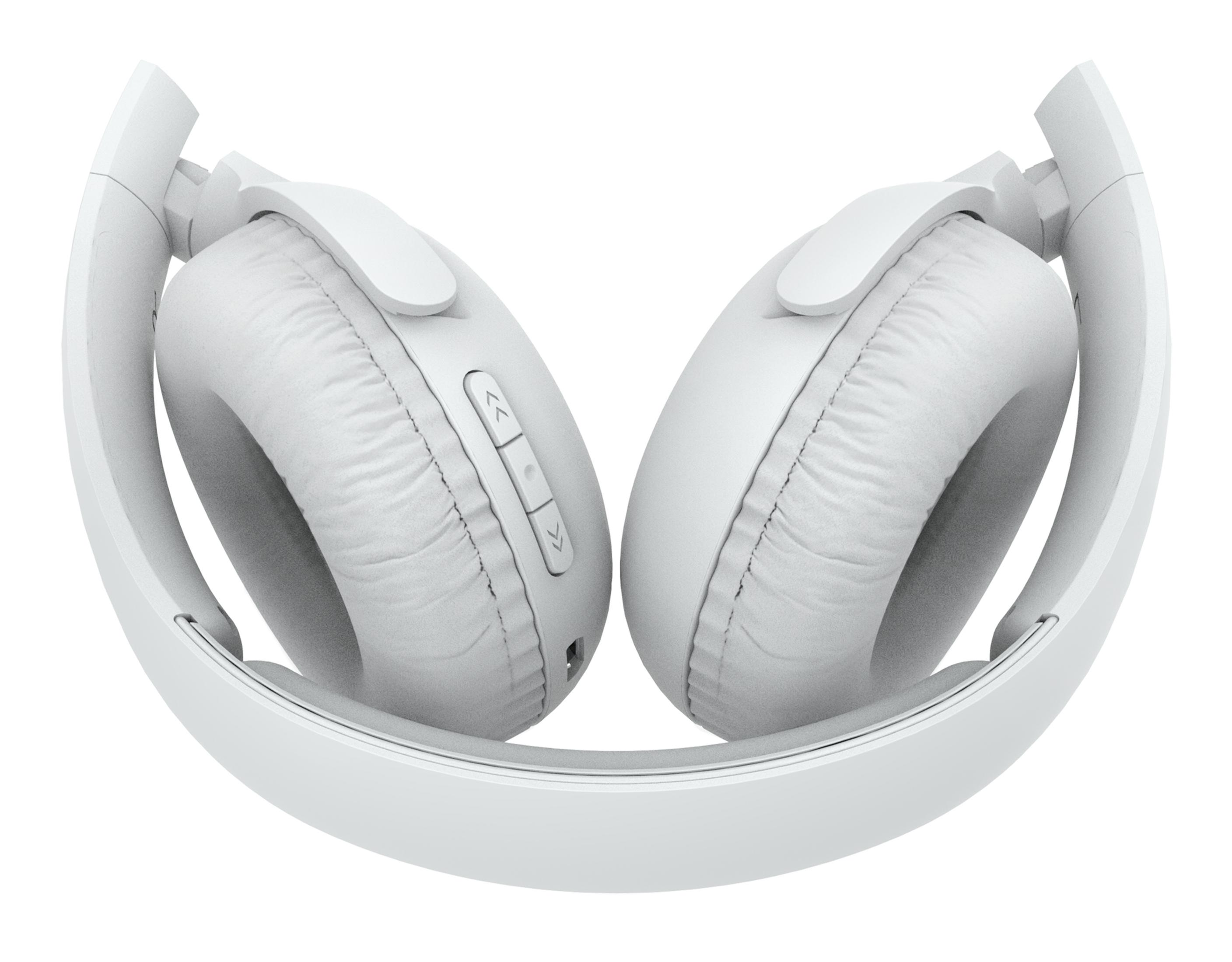 Auriculares blancos plegados, auriculares hacia afuera, botones laterales, fondo blanco.