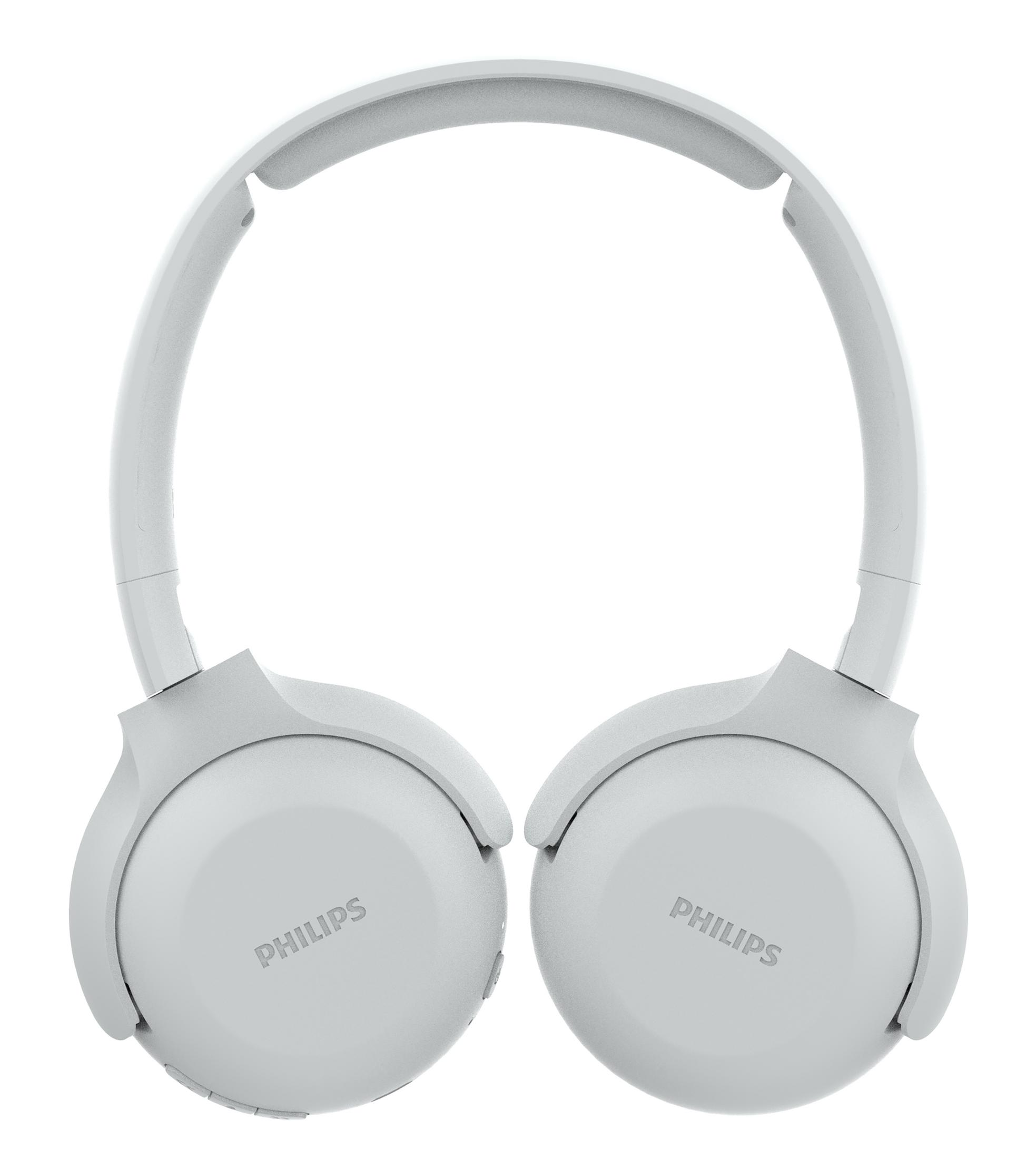 Auriculares Philips blancos. Tienen una diadema y auriculares con el logotipo de Philips.