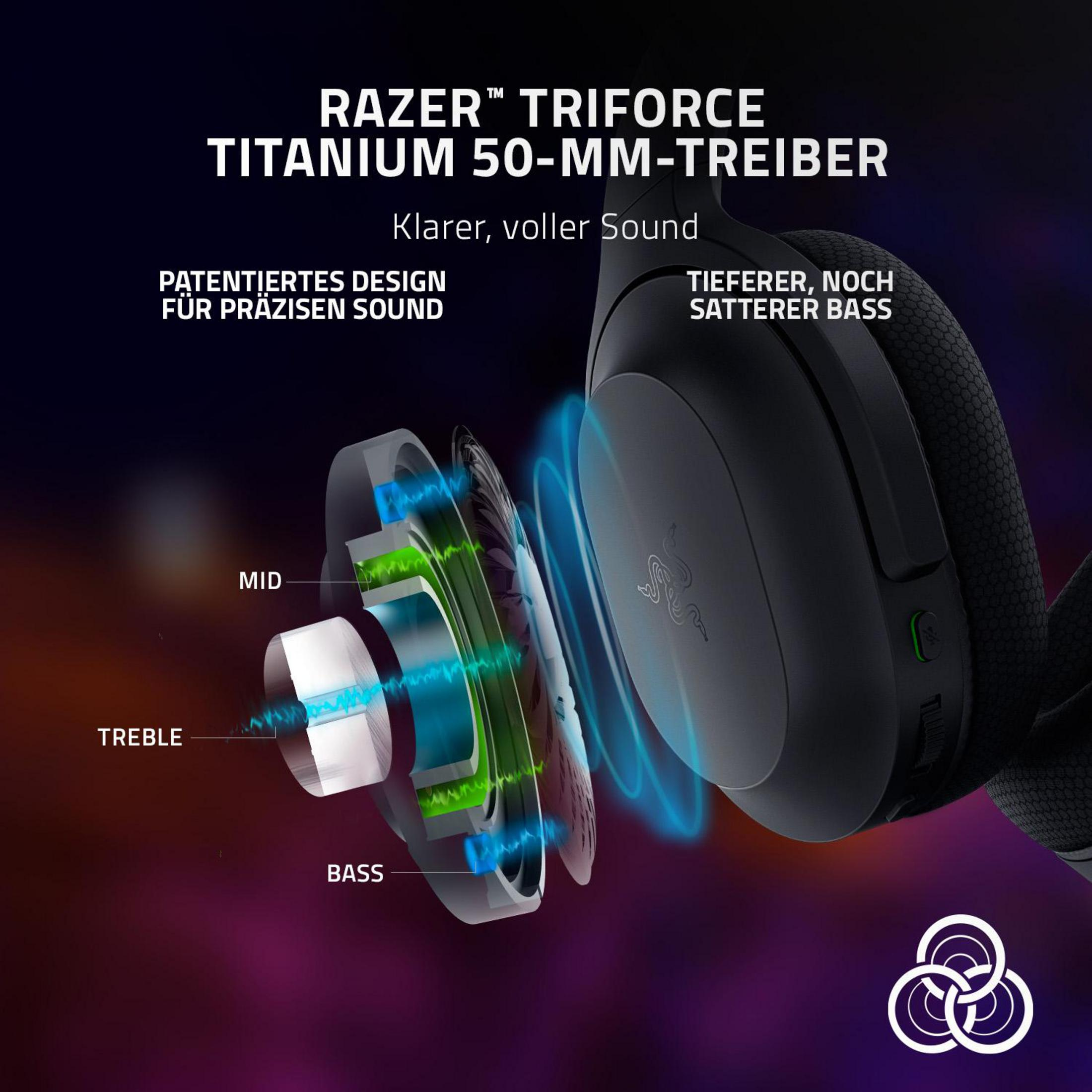 Słuchawki Razer. Schemat pokazujący przetworniki Triforce Titanium. Tekst po niemiecku. Czarny zestaw słuchawkowy.