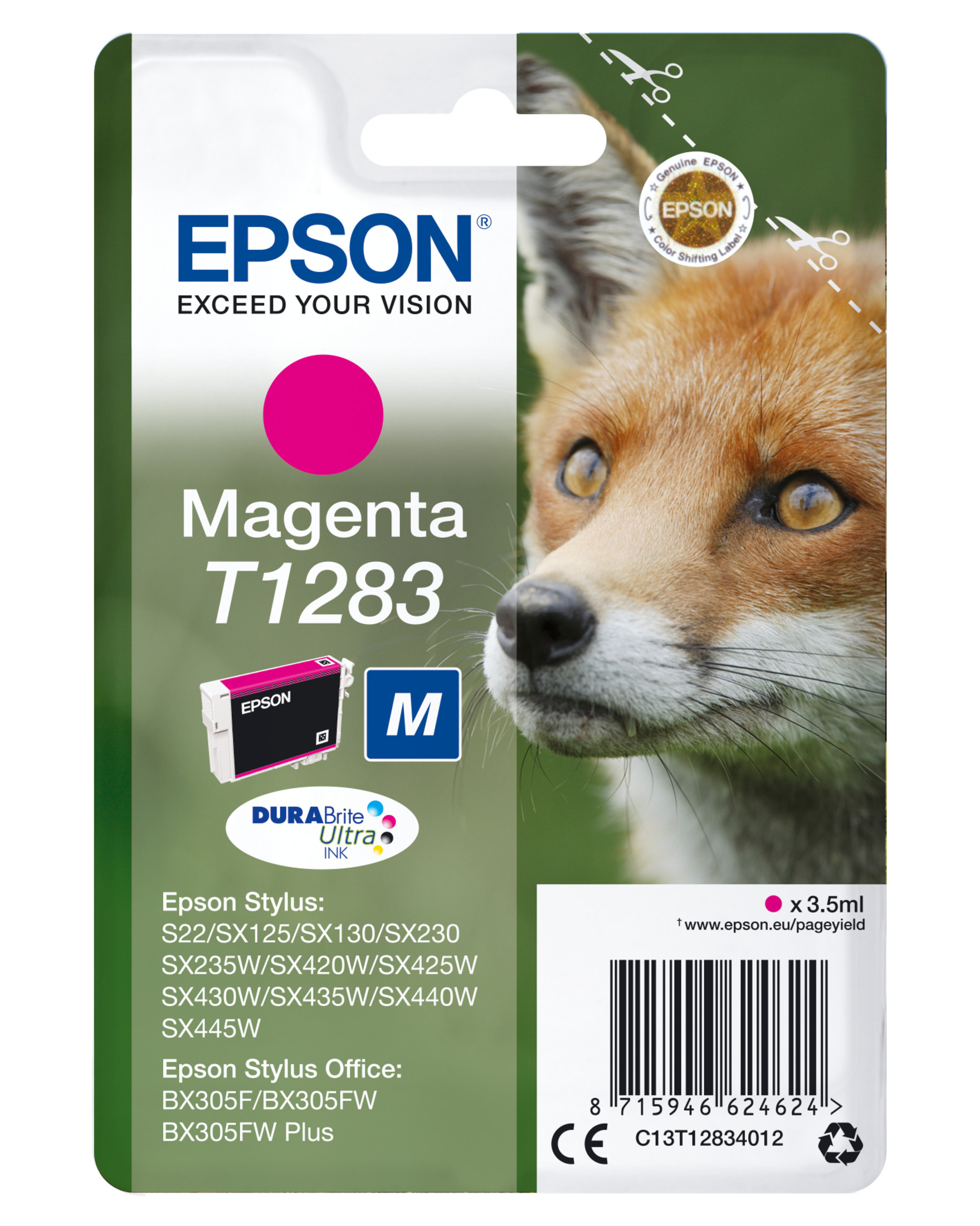 Opakowanie wkładu atramentowego w kolorze magenta z wizerunkiem lisa i marką Epson. Wkład jest widoczny.