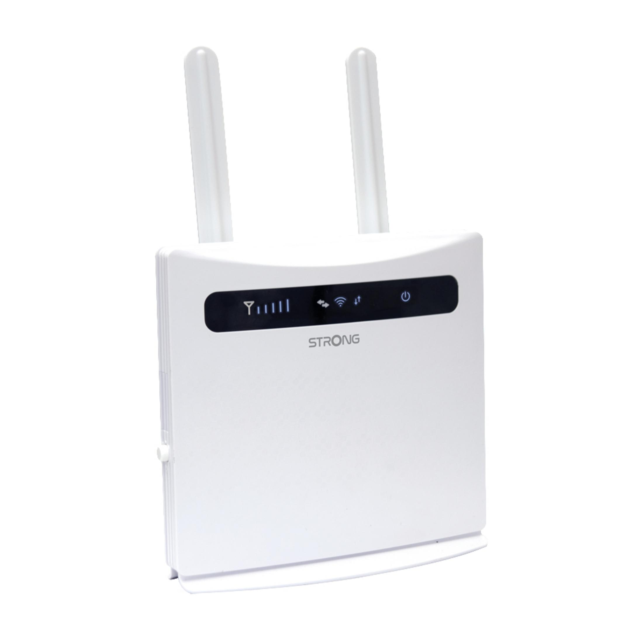 Un router blanco con dos antenas. Tiene una pantalla con indicadores de intensidad de señal y un botón de encendido.