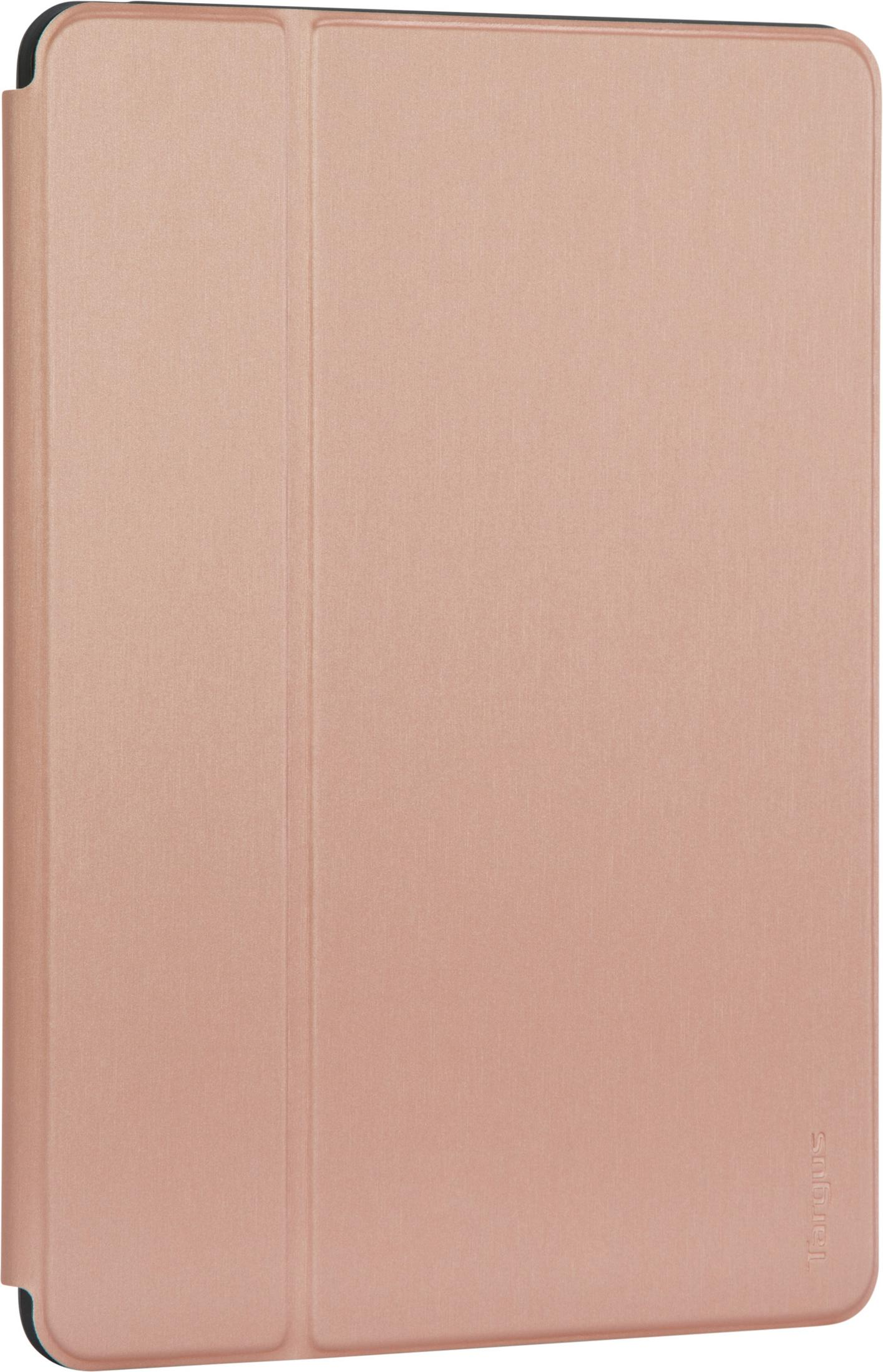 Ein roségoldenes Tablet-Case ist geöffnet. Das Case liegt auf einer weißen Oberfläche, mit schwarzem Rand.