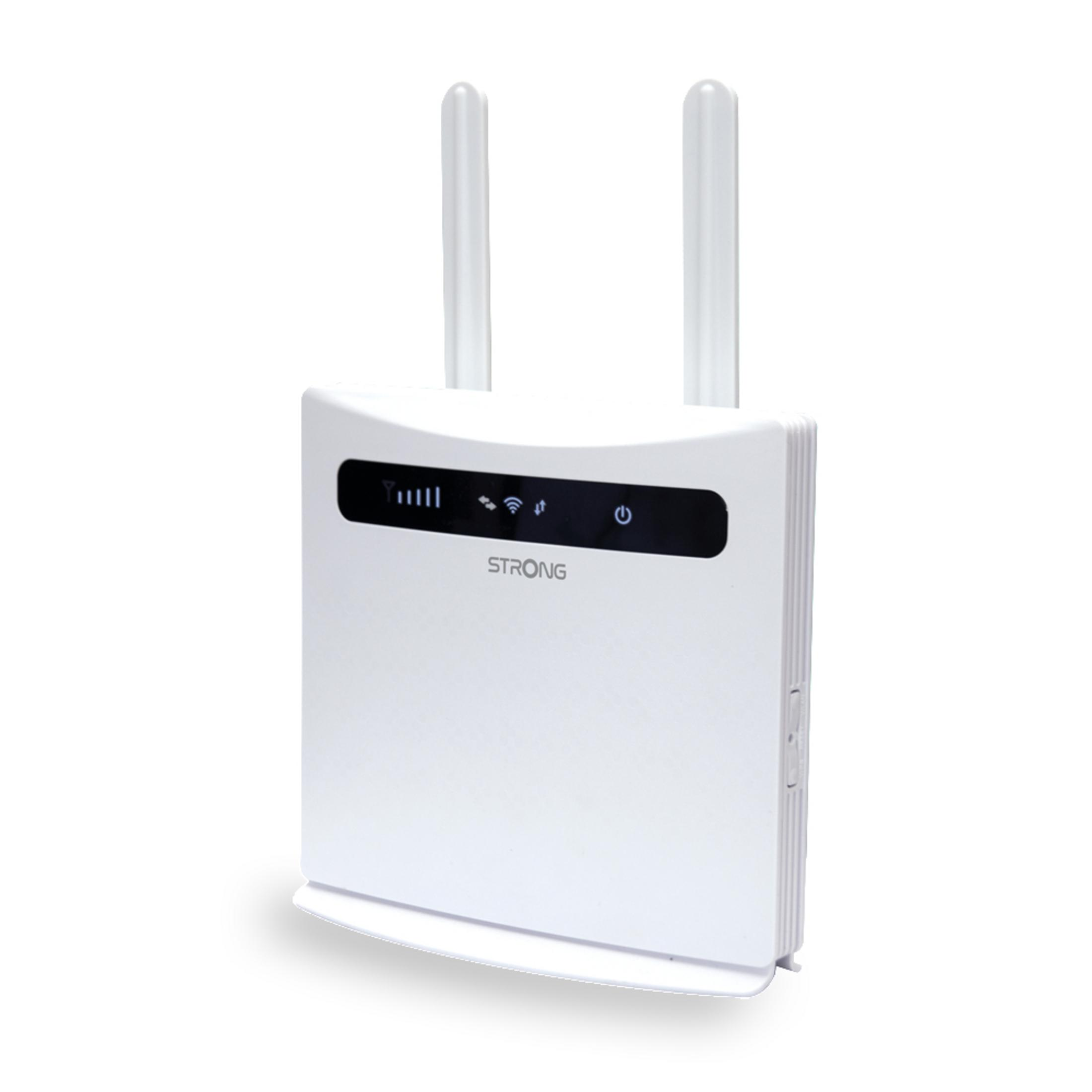 Enrutador blanco con dos antenas sobre un fondo blanco. Es una vista frontal del dispositivo.