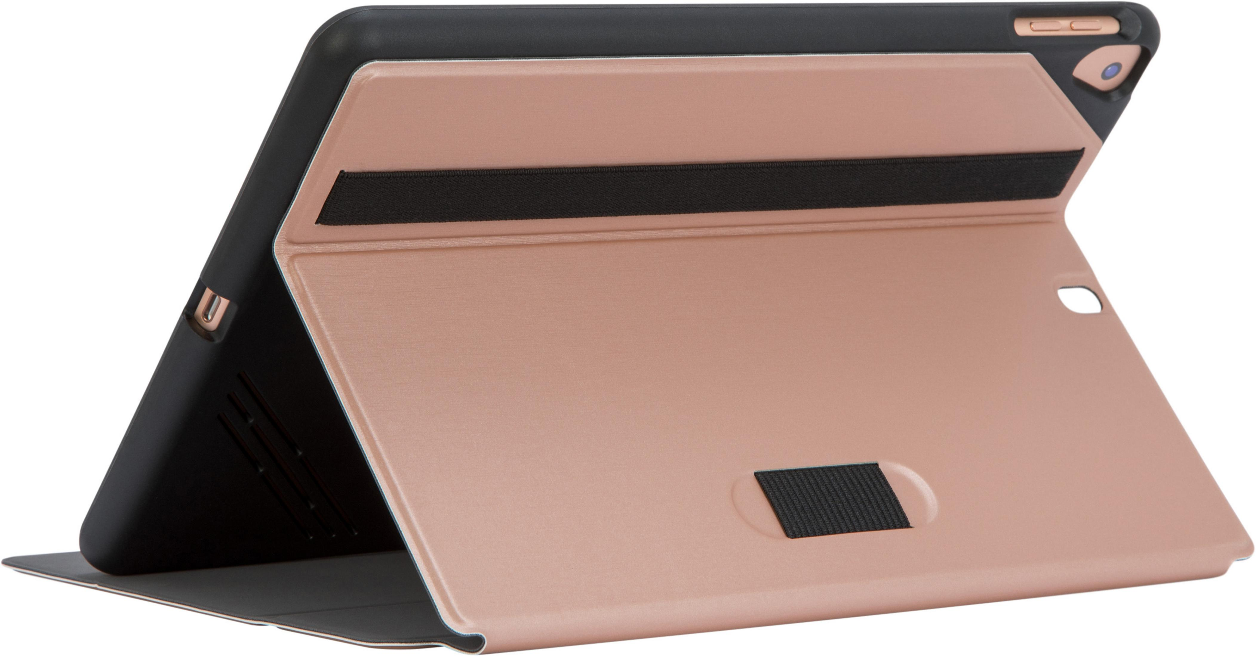 Eine roségoldene und schwarze iPad-Hülle, die die offene Hülle mit Ständer zeigt.