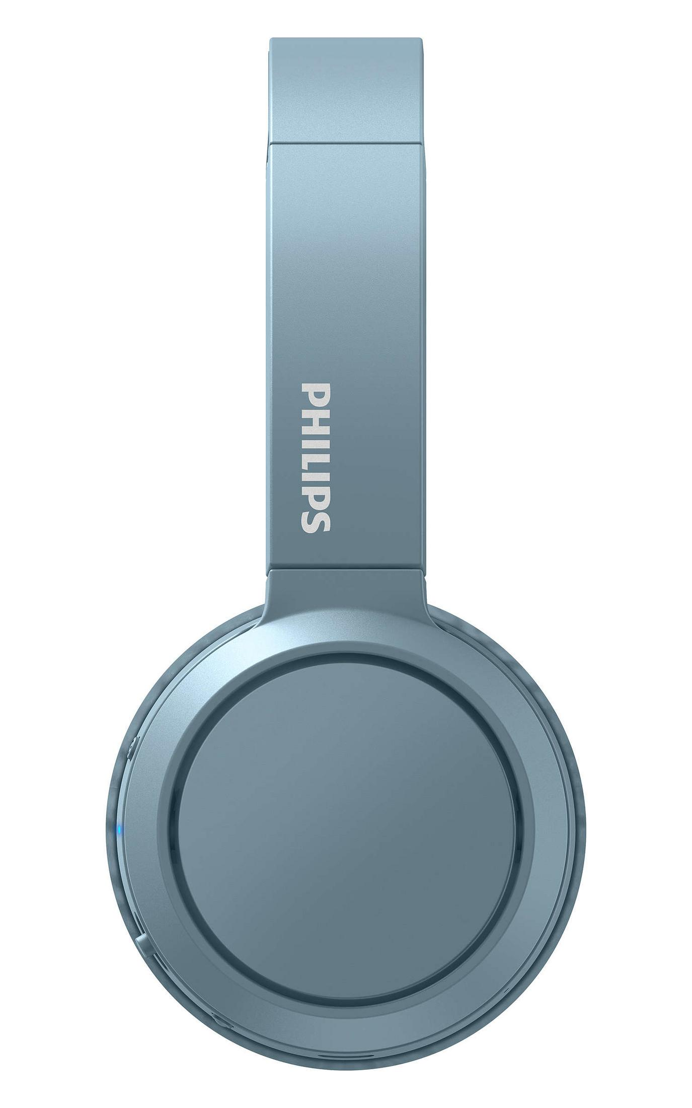 Auriculares Philips azules, vistos desde arriba. La diadema tiene el logo de Philips.